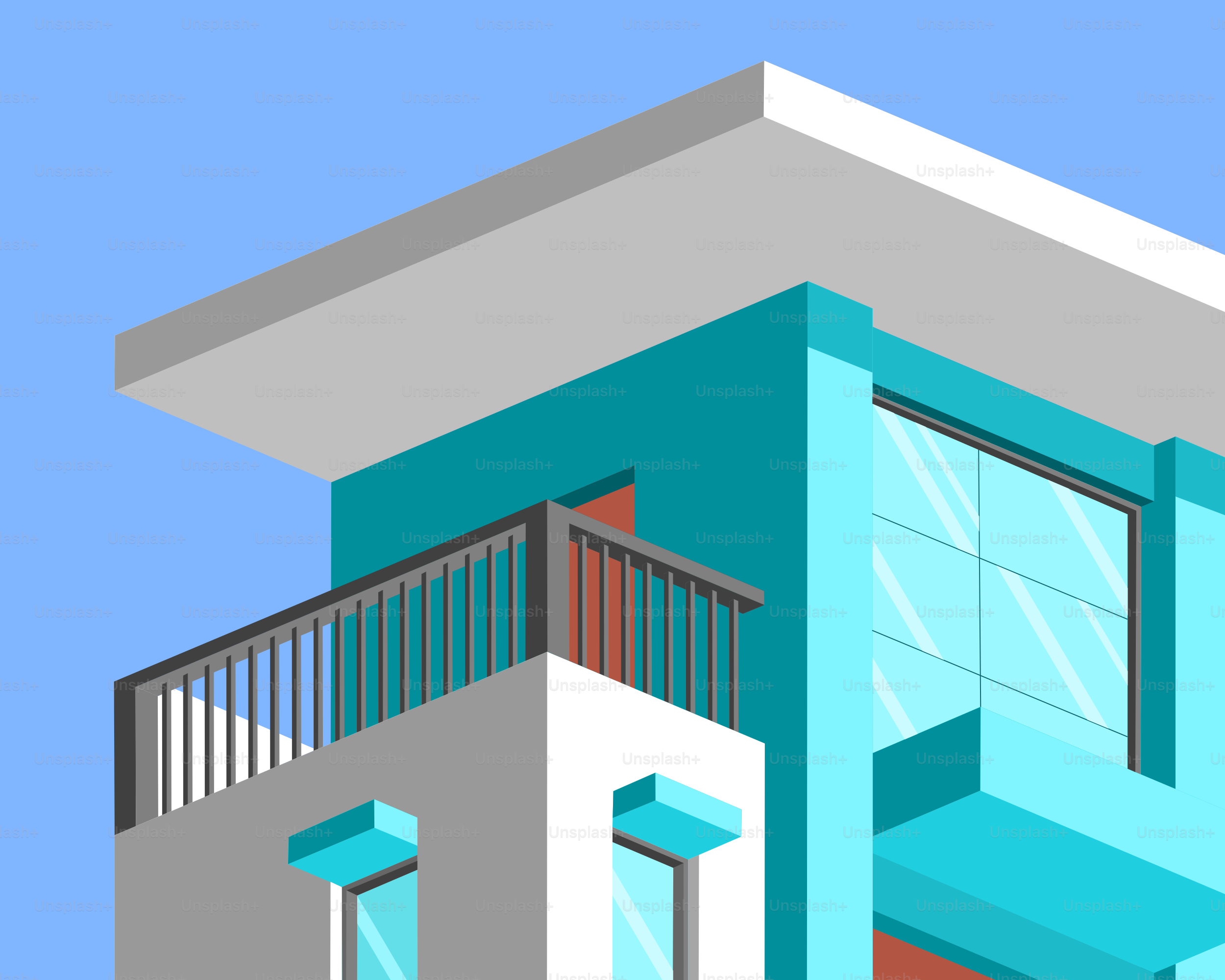 Modern building with turquoise and gray accents.