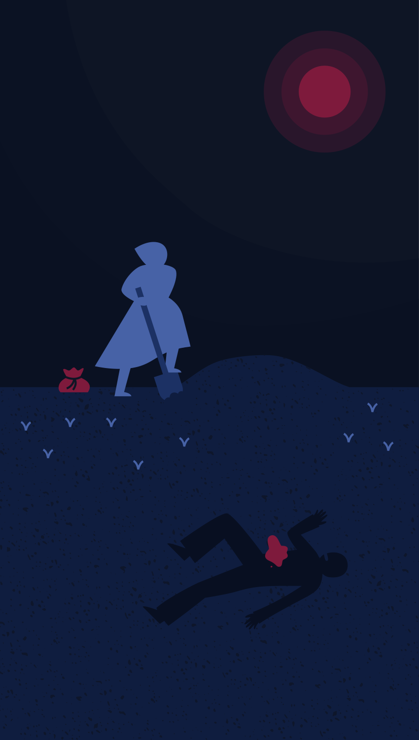 Silhouette of person burying money next to dead body.