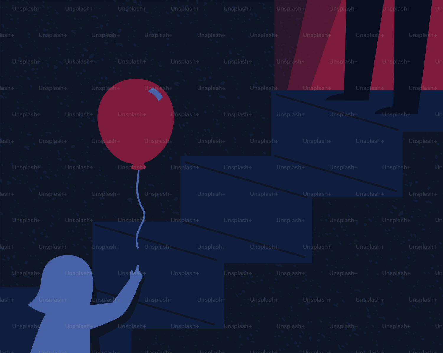 Child reaching for a red balloon on stairs