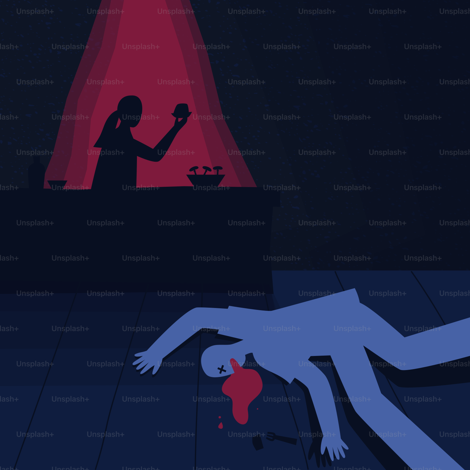Silhouette of a person holding an object over a body.
