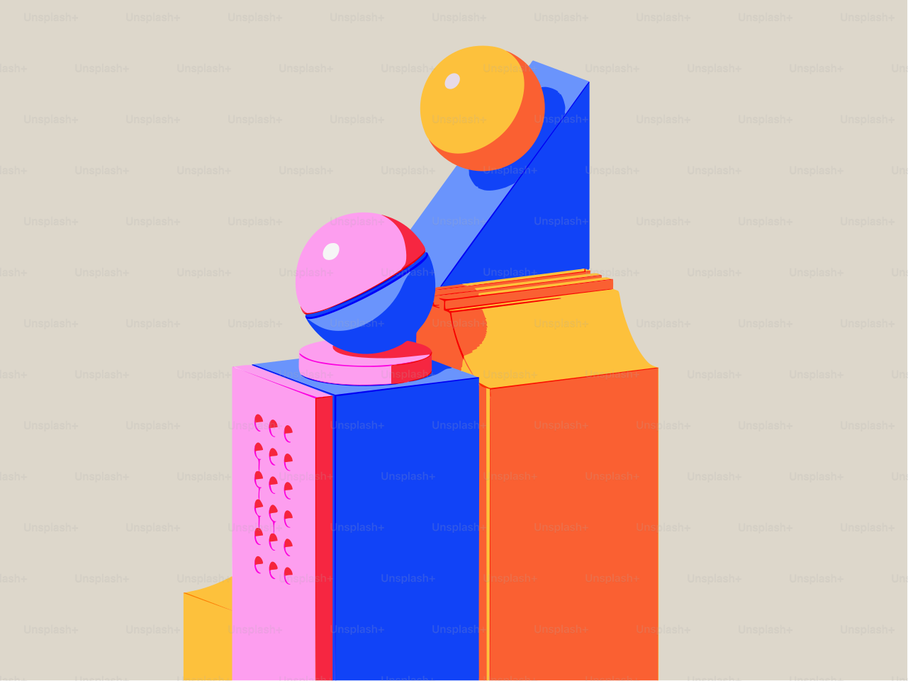 Abstract geometric shapes with spheres and blocks.