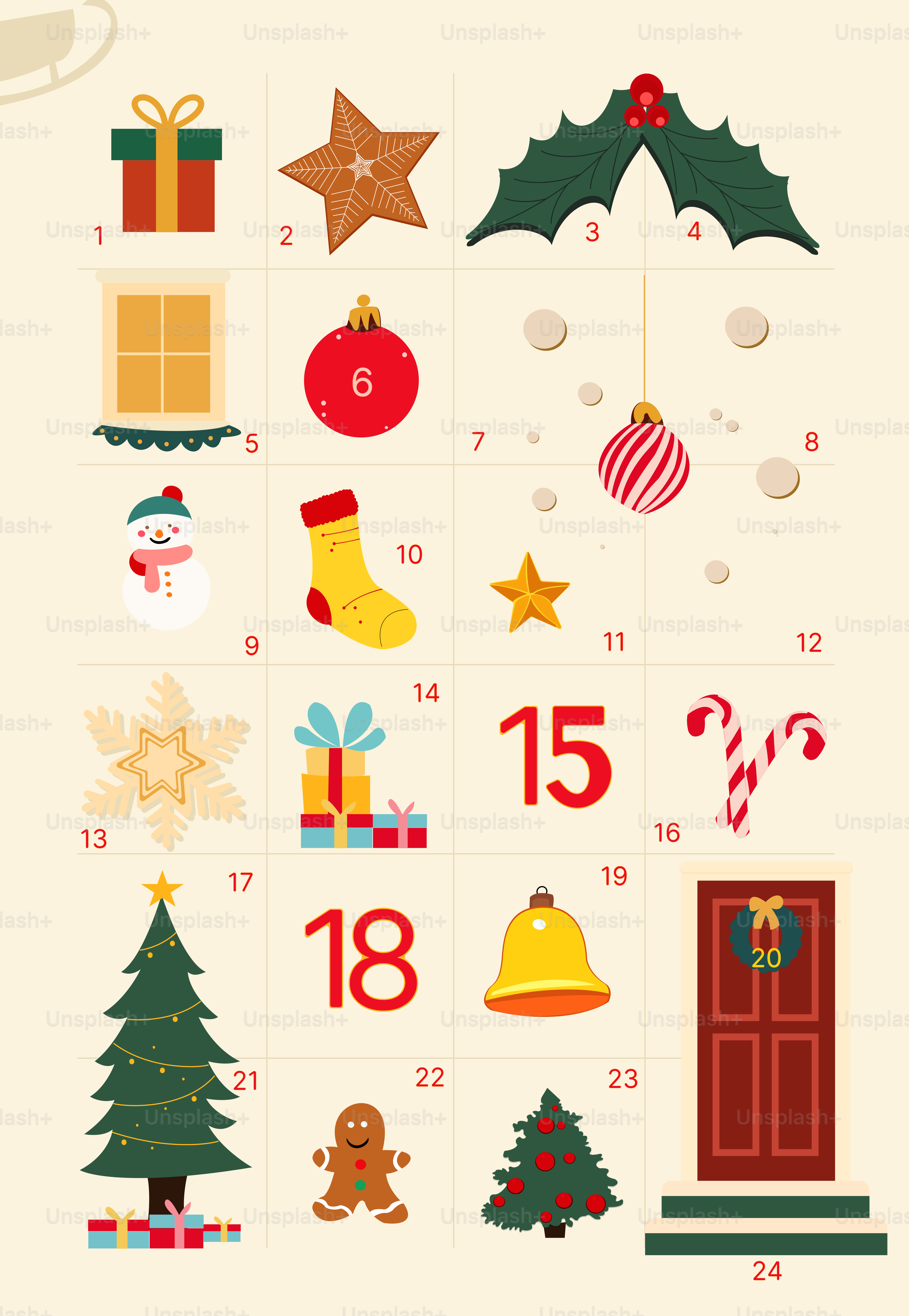 Calendário do advento de Natal com ícones festivos.