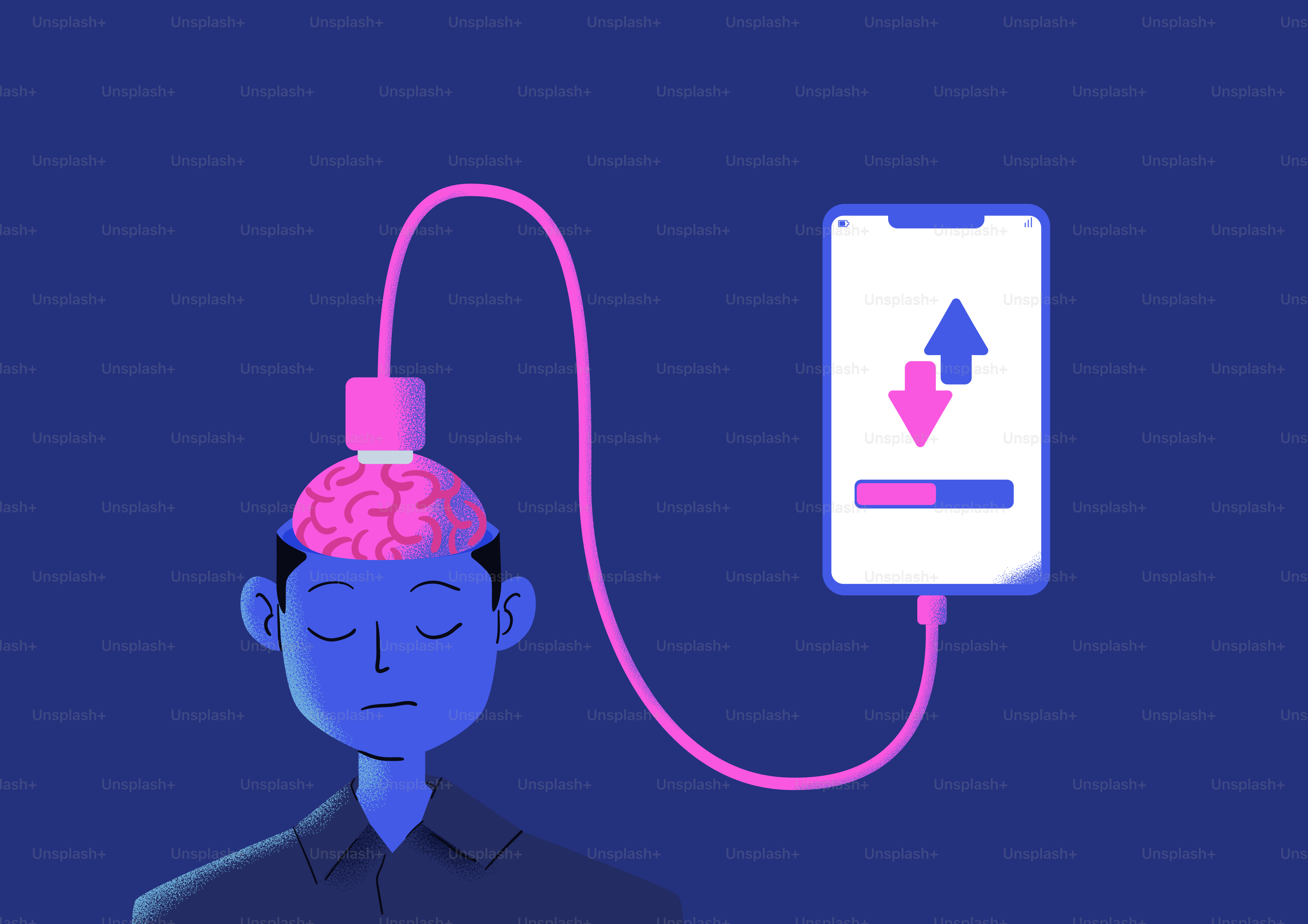 Smartphone connected to human brain for data transfer.
