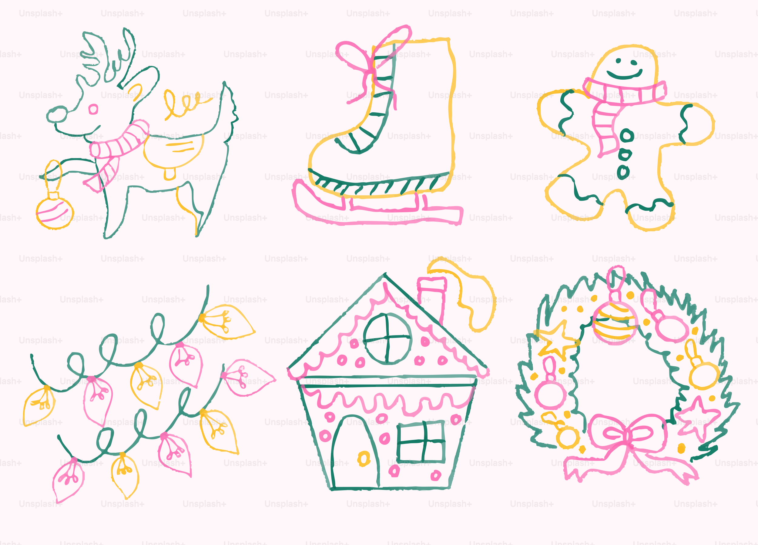Christmas icons: reindeer, ice skate, gingerbread man, lights, house, wreath