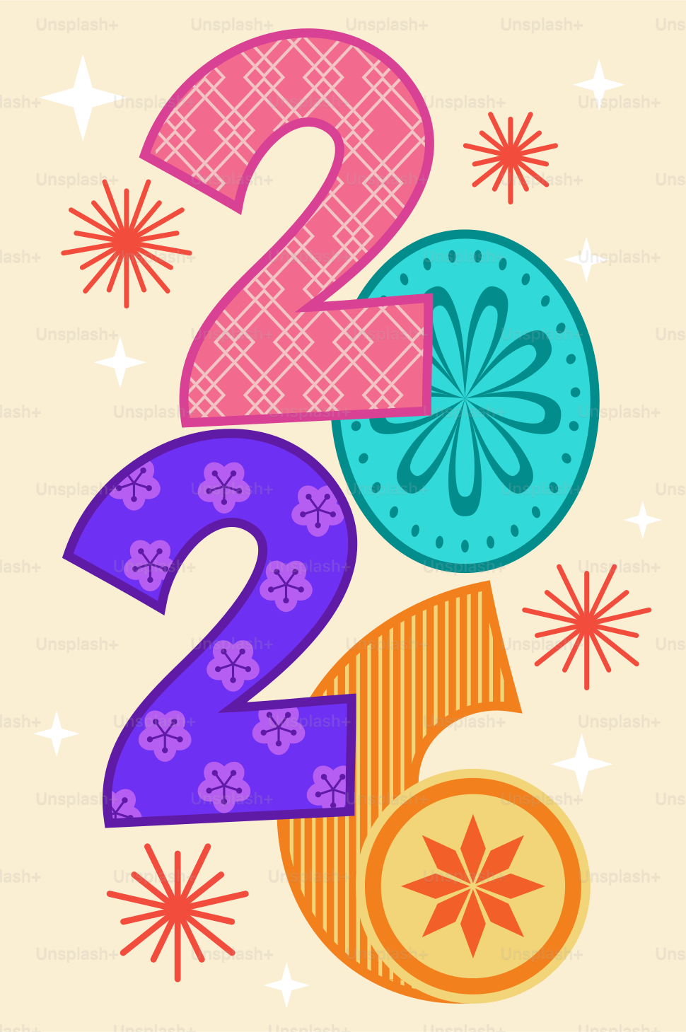 Colorful 2026 numbers with starbursts and sparkles