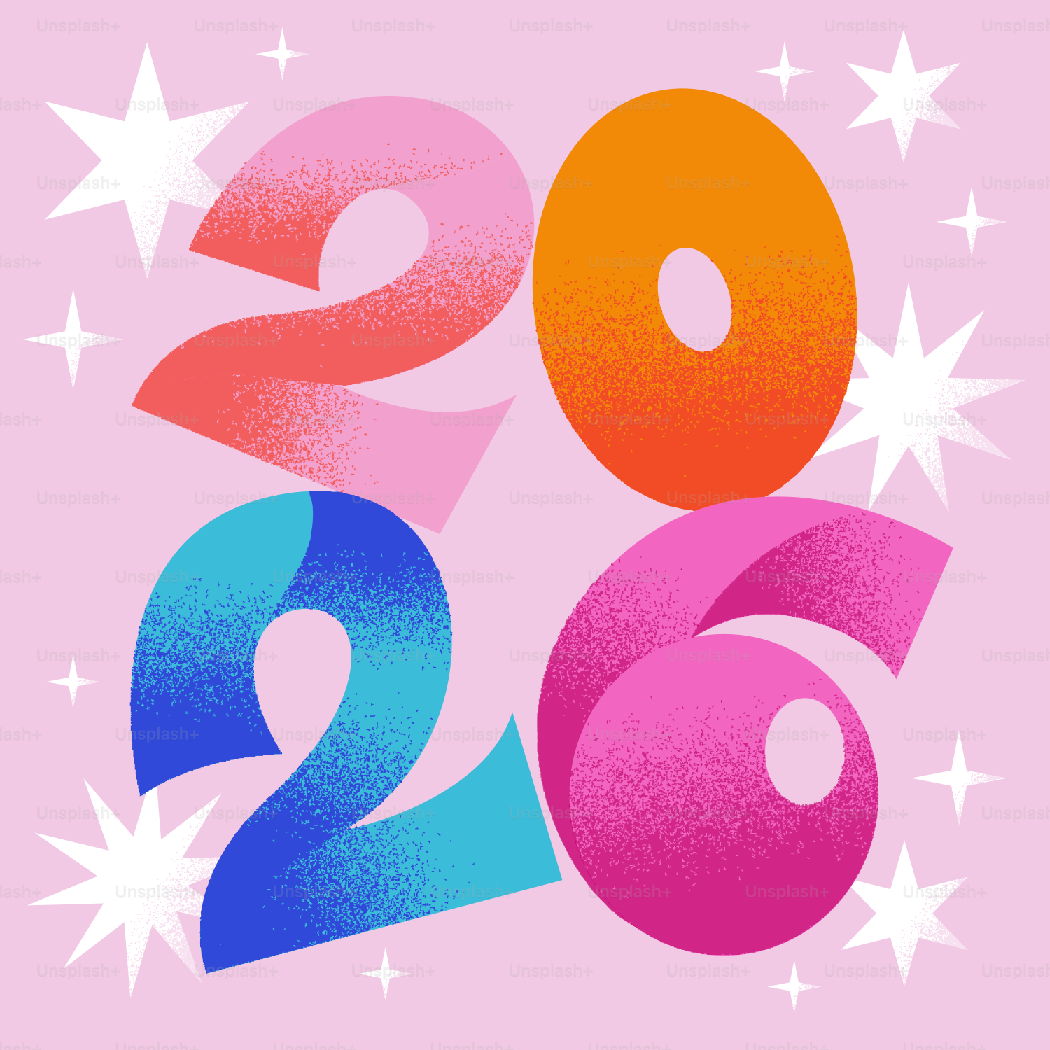 Bunte Zahlen von 2026 mit Sternenexplosionen auf rosa Hintergrund