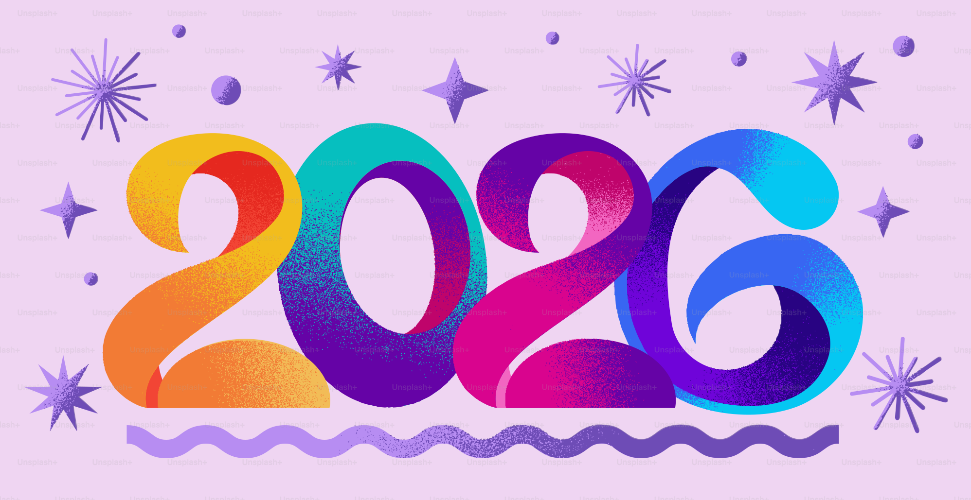 Bunter Text von 2026 mit Sternen und Wellen.