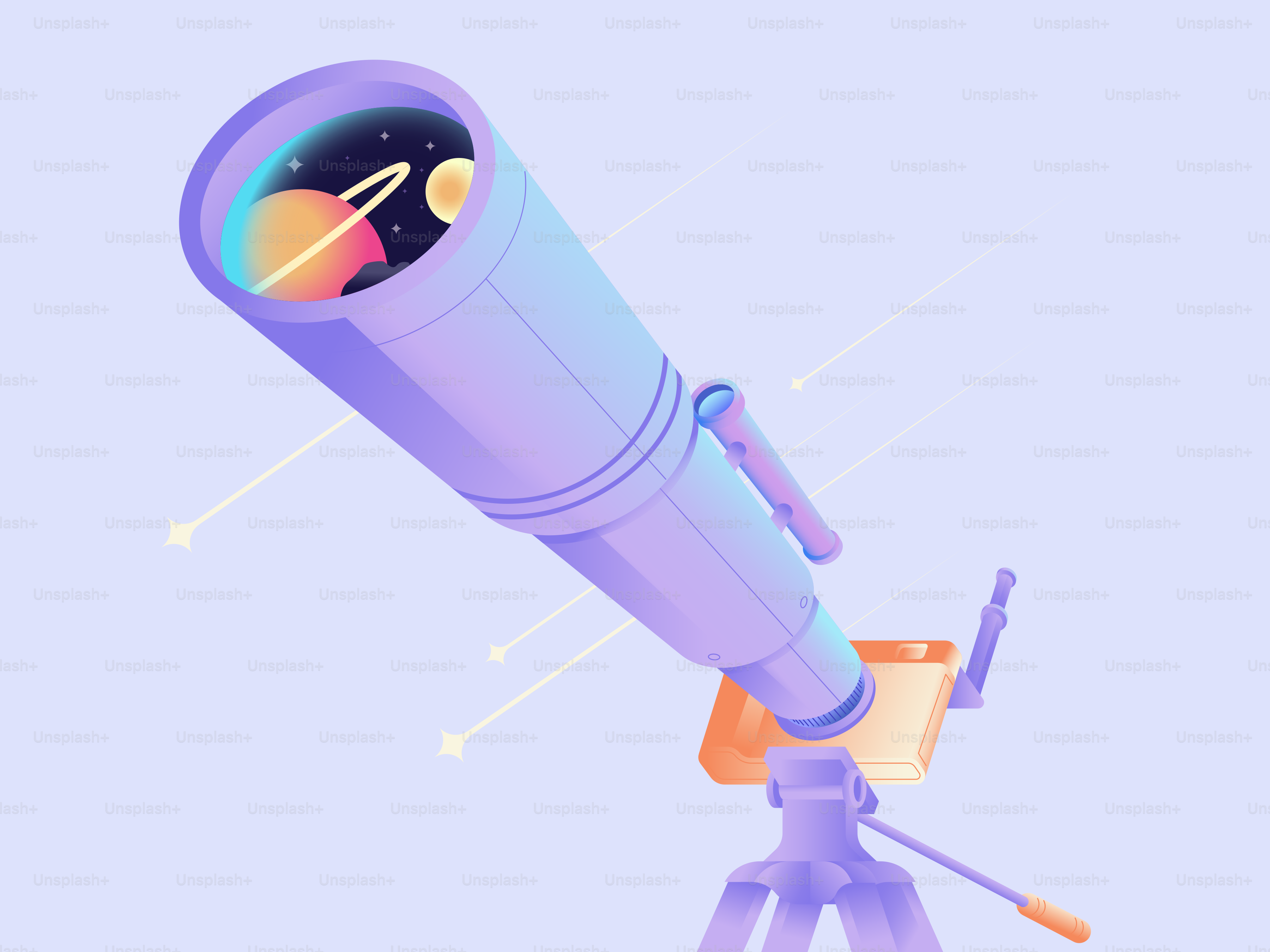 Telescope viewing colorful planets and stars in space