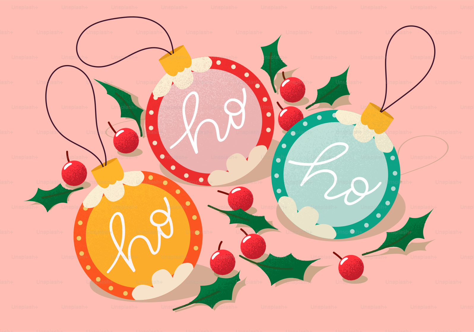 Three festive christmas ornaments with 'ho' text.