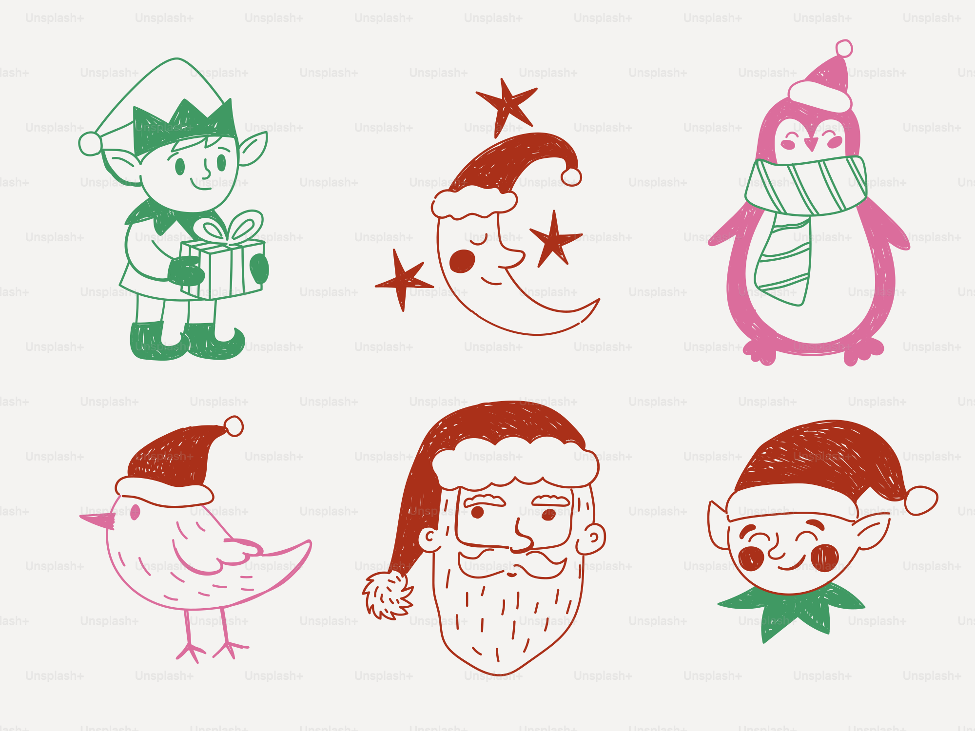 Christmas characters including santa, elf, penguin, and bird.