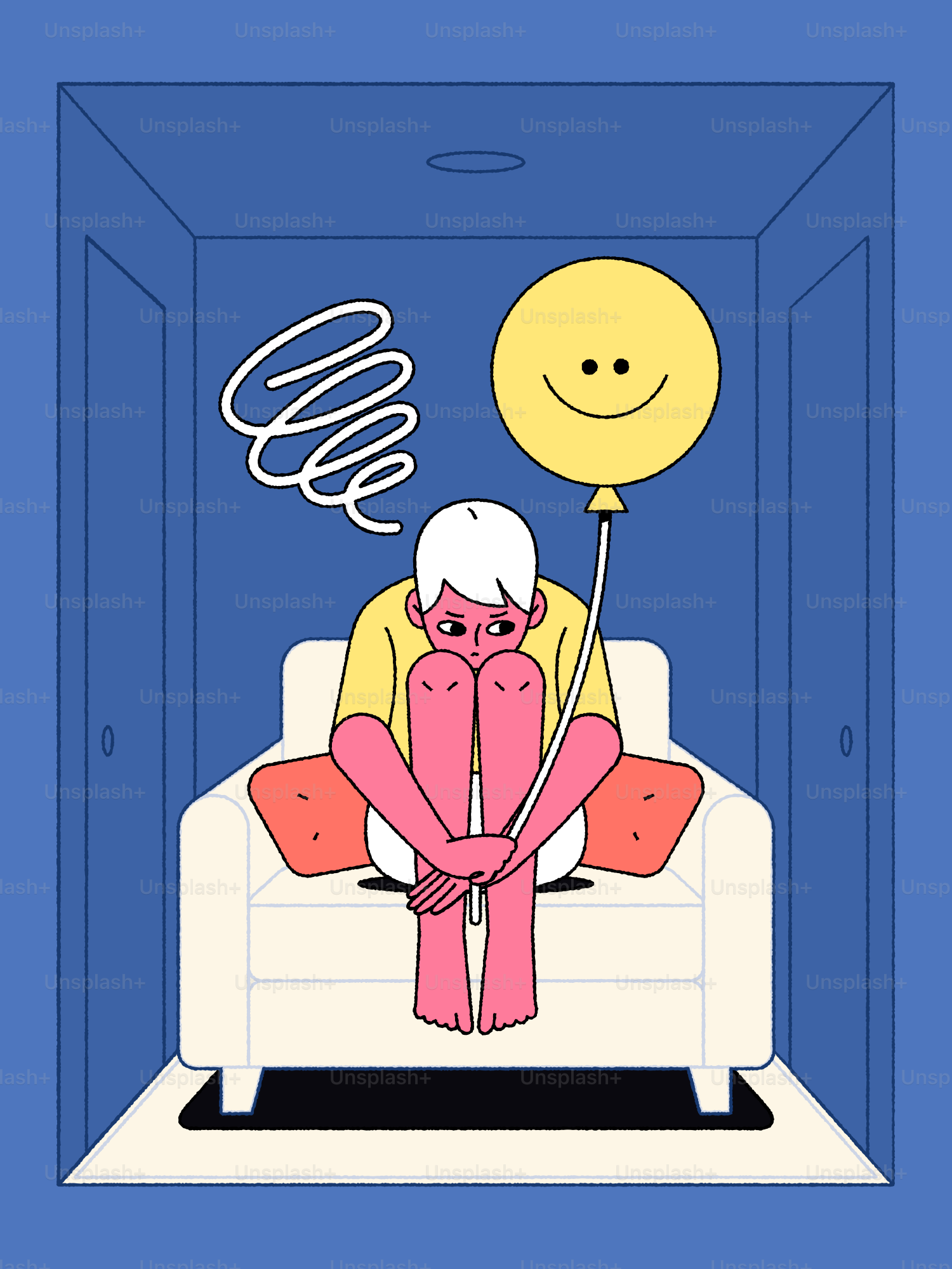 Person sitting on couch with balloon