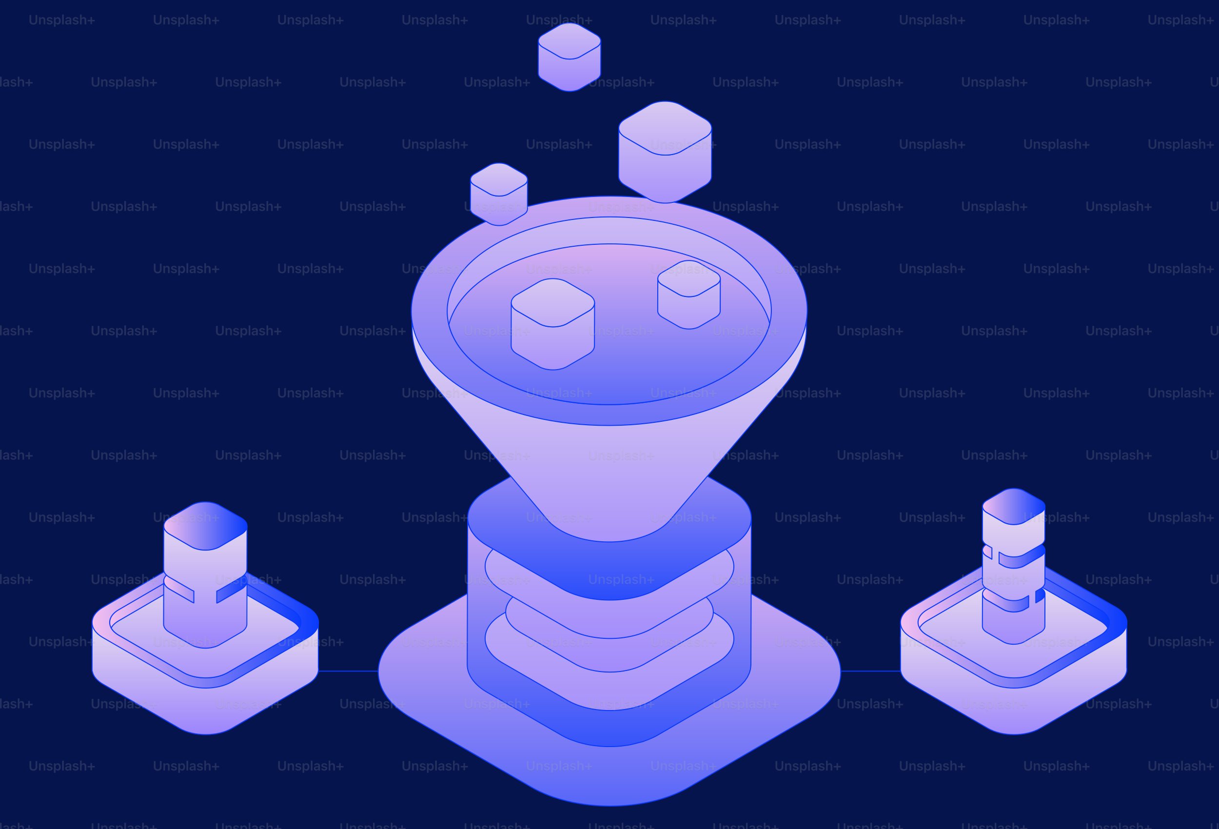 Data funnel processing with abstract cubes and geometric elements.