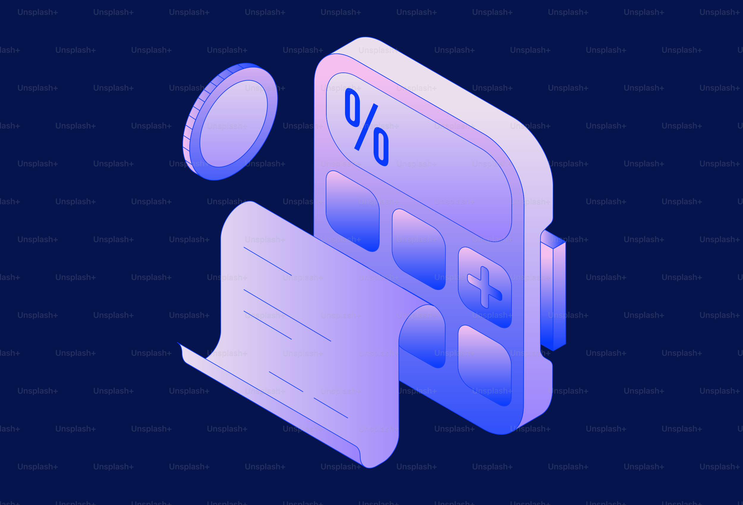 Calcolatrice con ricevuta e moneta su sfondo scuro