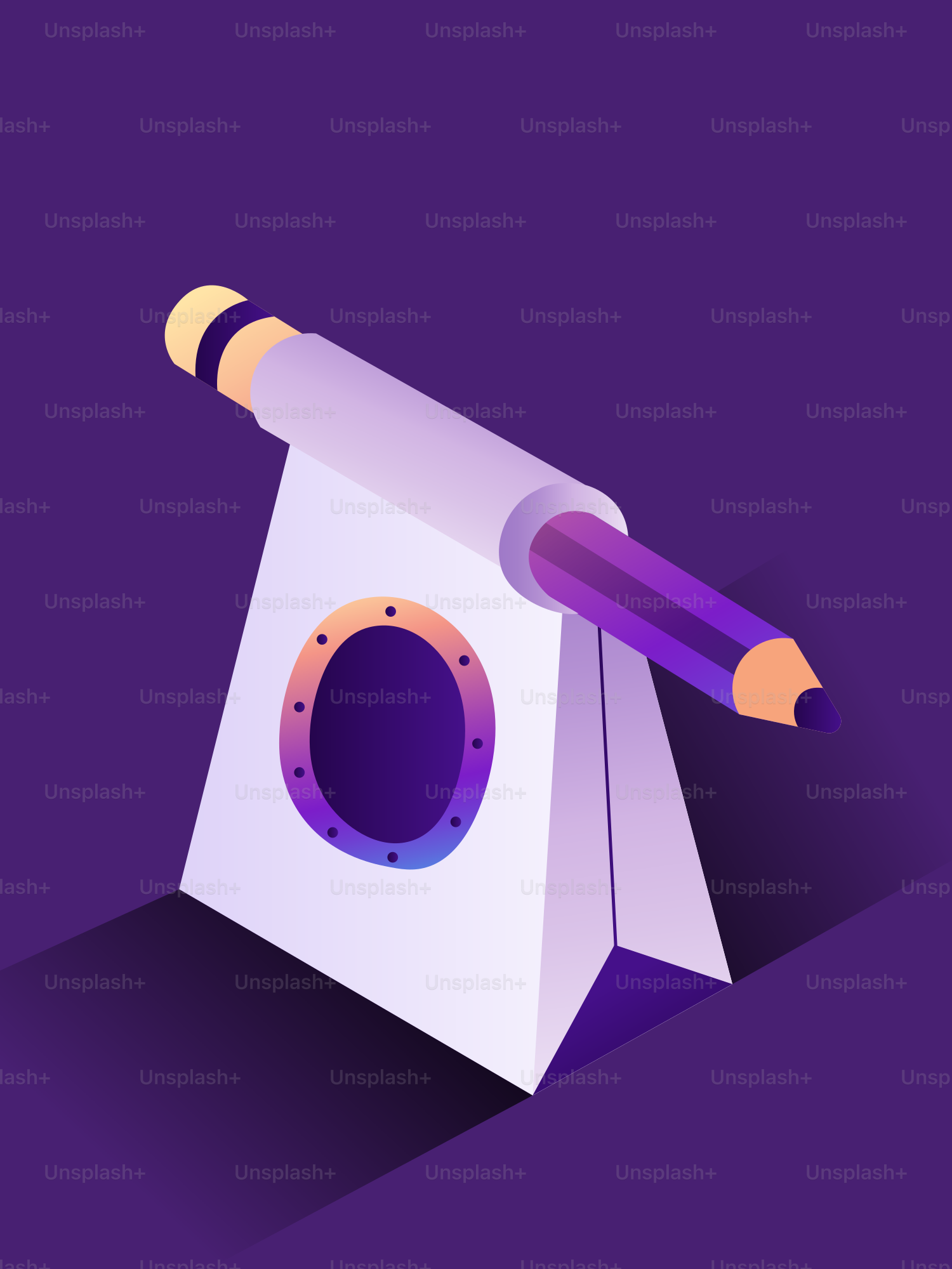 A purple pencil rests on a white stand.