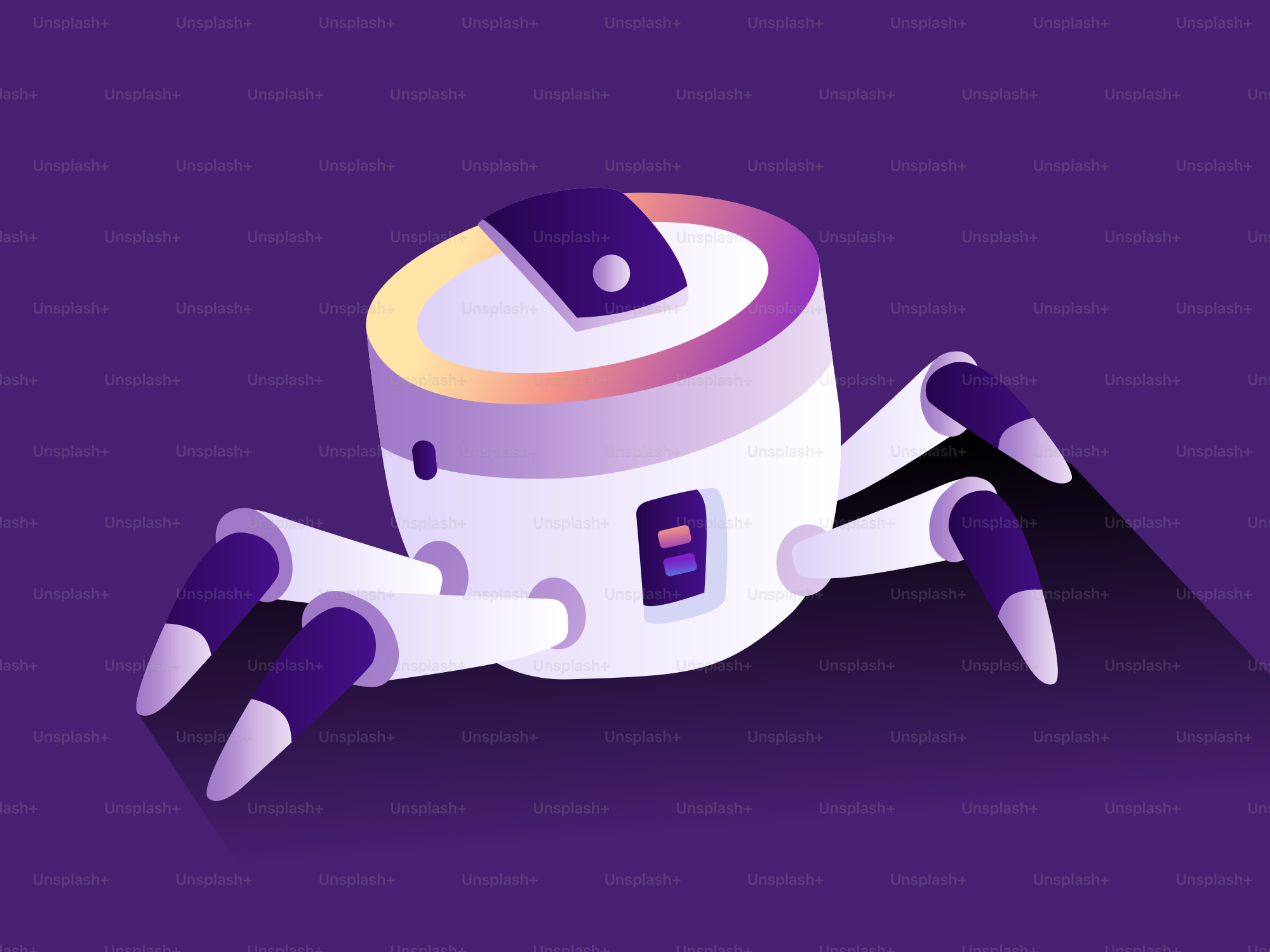 A white robot with purple accents on a purple background.