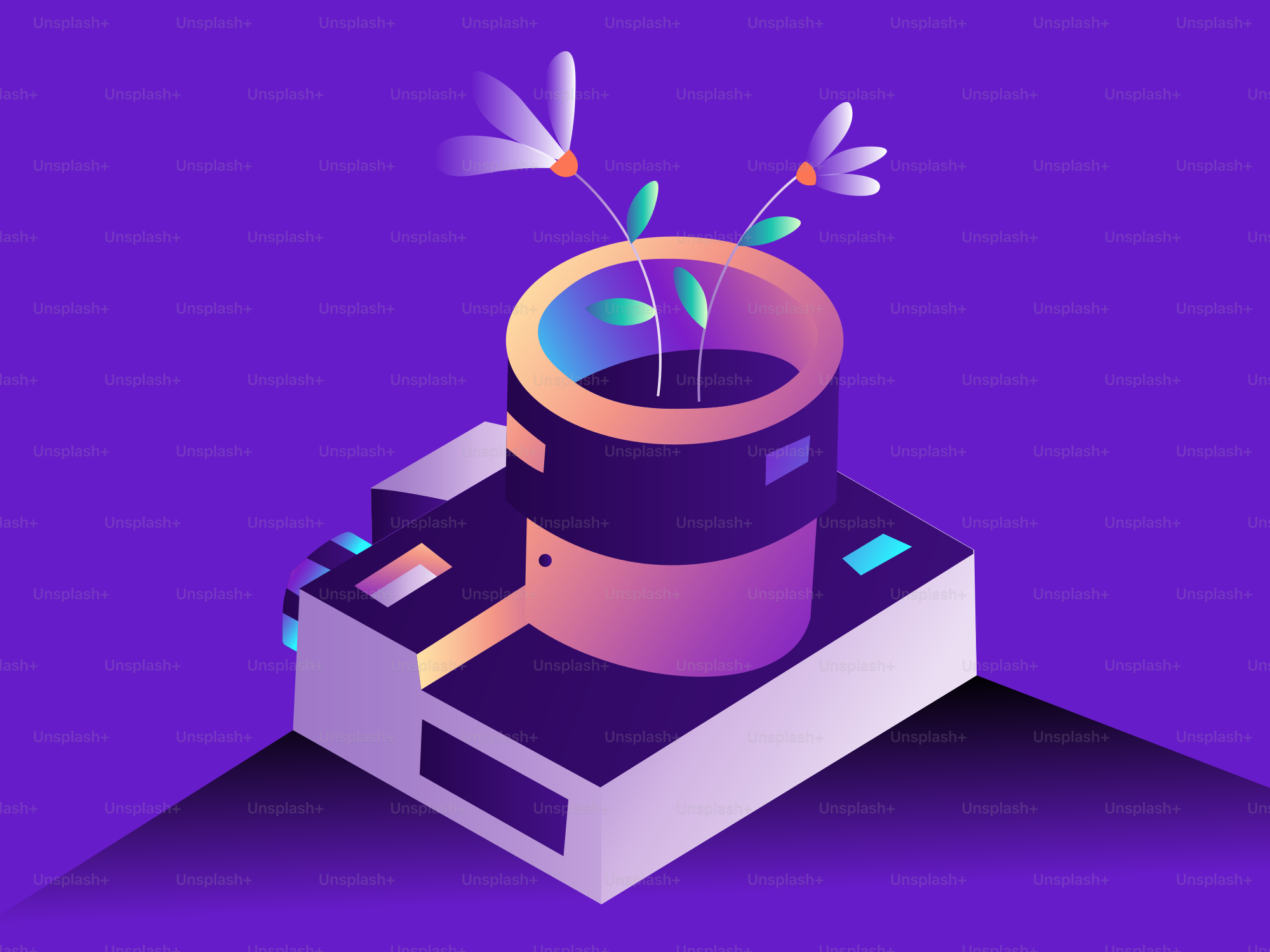 Stylized camera with flowers growing from lens