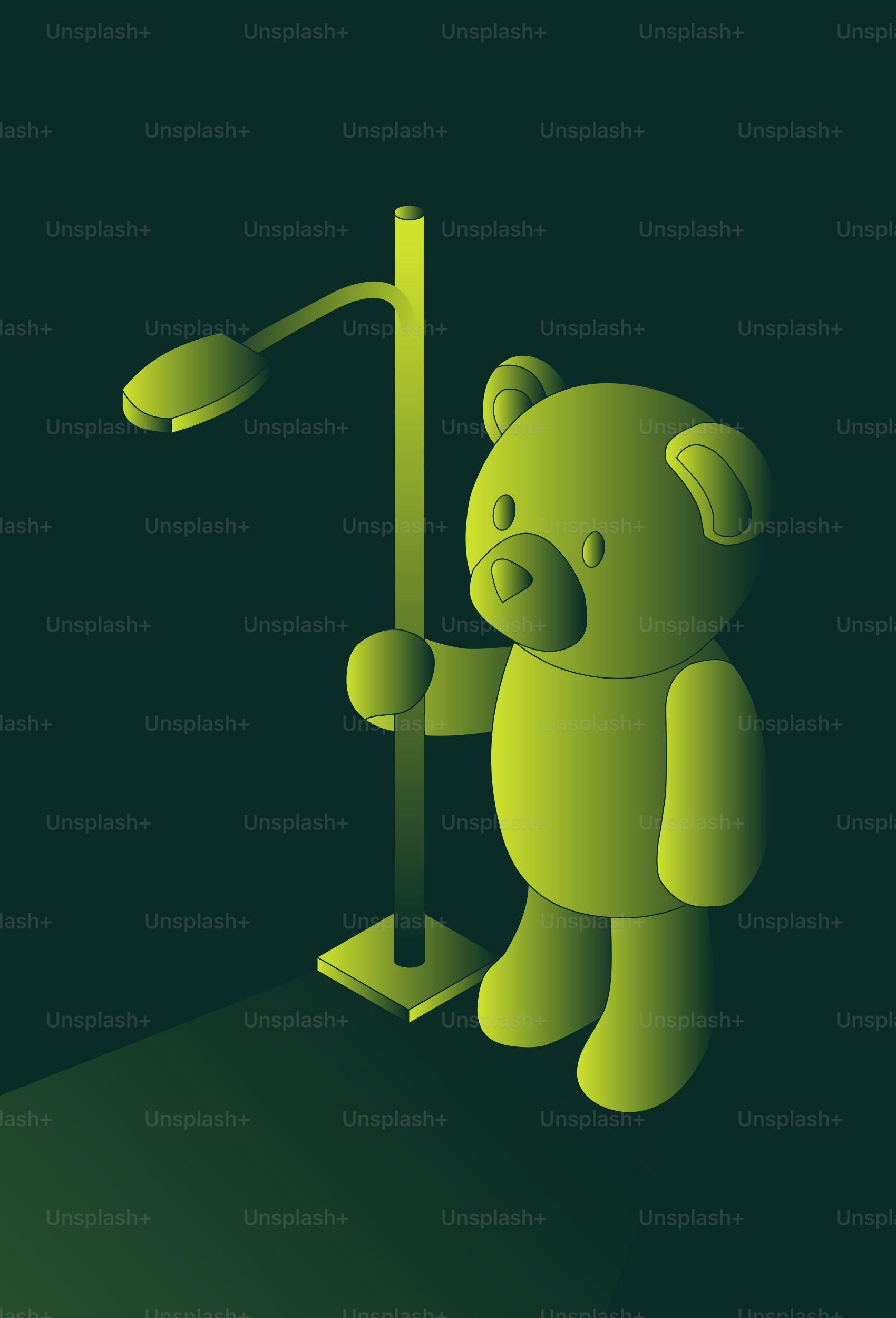 Boneka beruang hijau memegang lampu jalan