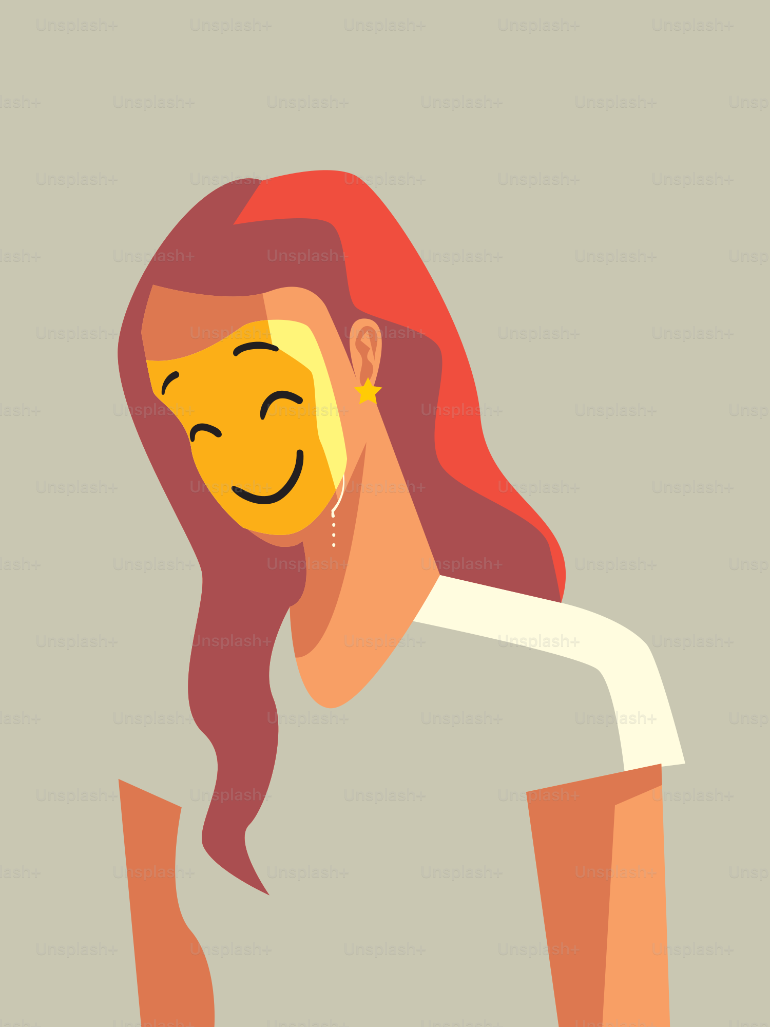 Woman with a smiling mask covering her face.