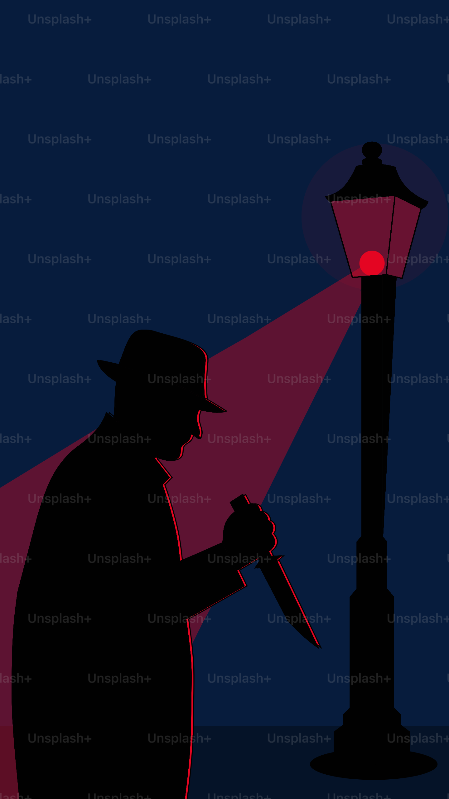 Silhouette d’un homme avec un couteau sous un lampadaire la nuit.