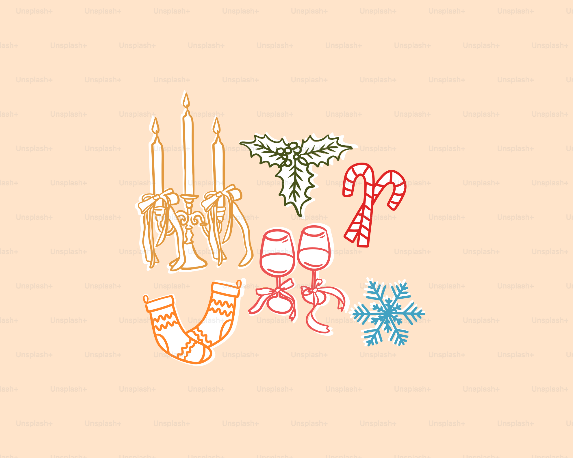 Christmas decorations including candles, socks, and snowflake.