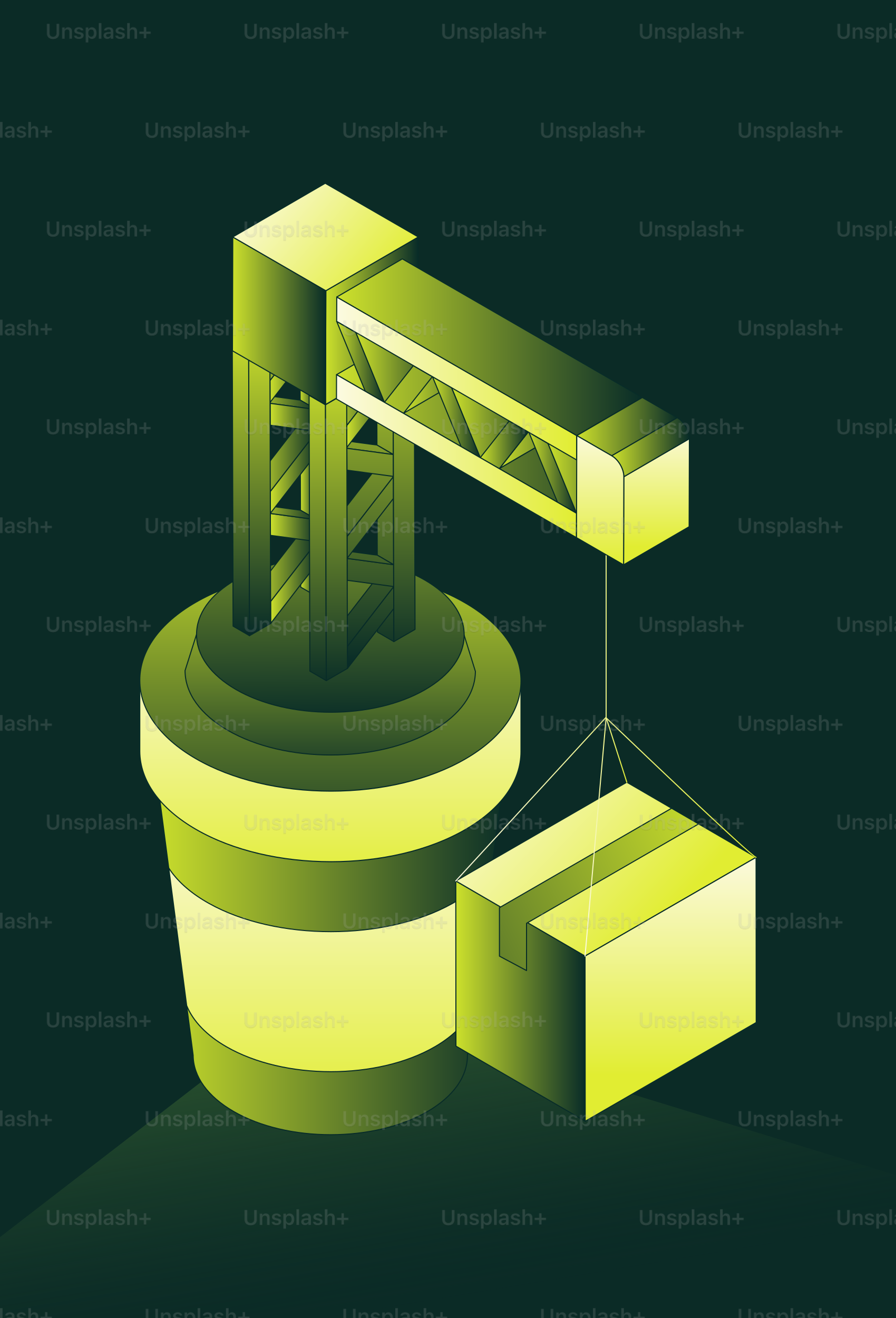 A crane lifting a box on a dark background.