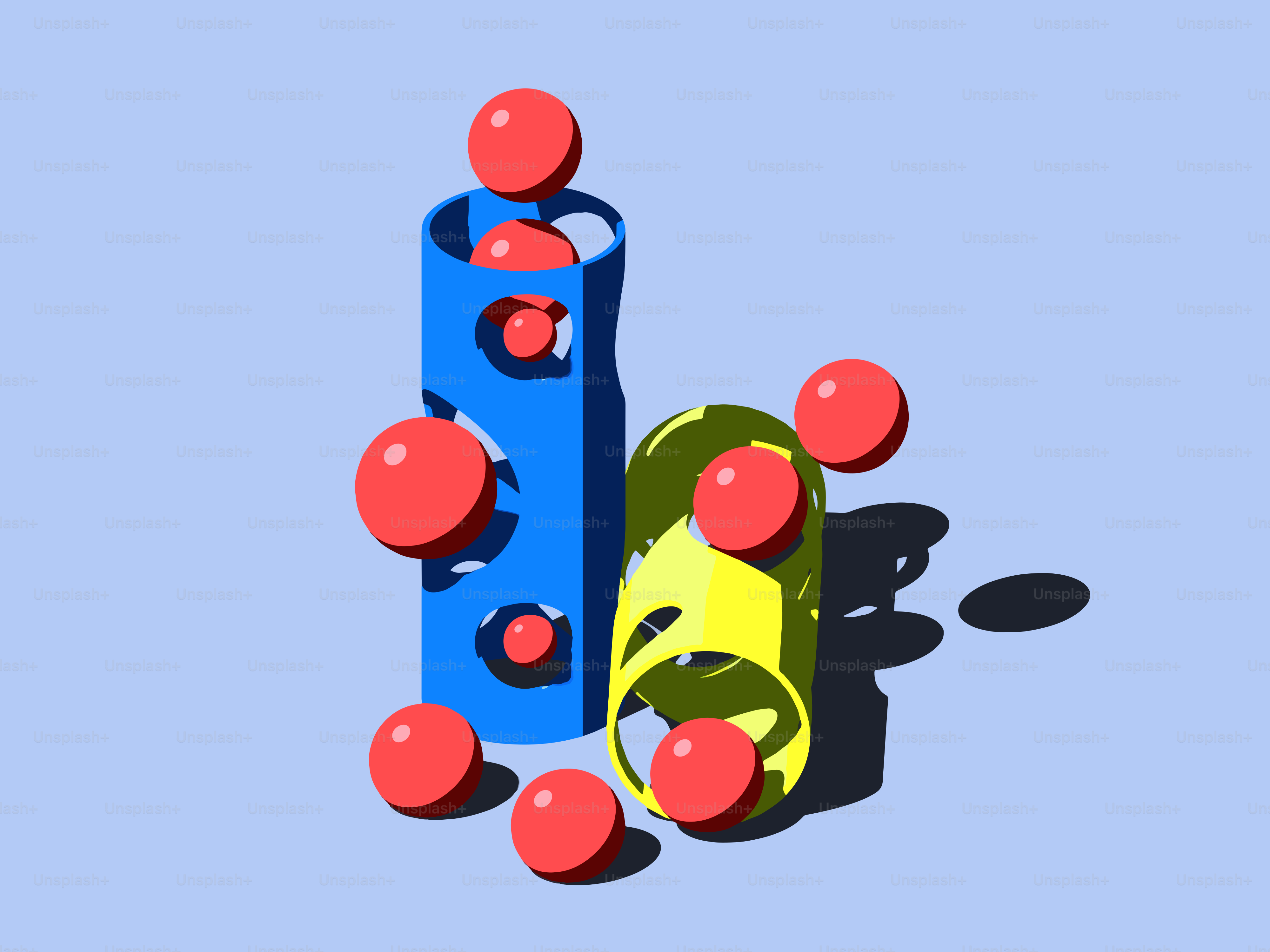 Red spheres and abstract tubes on blue background