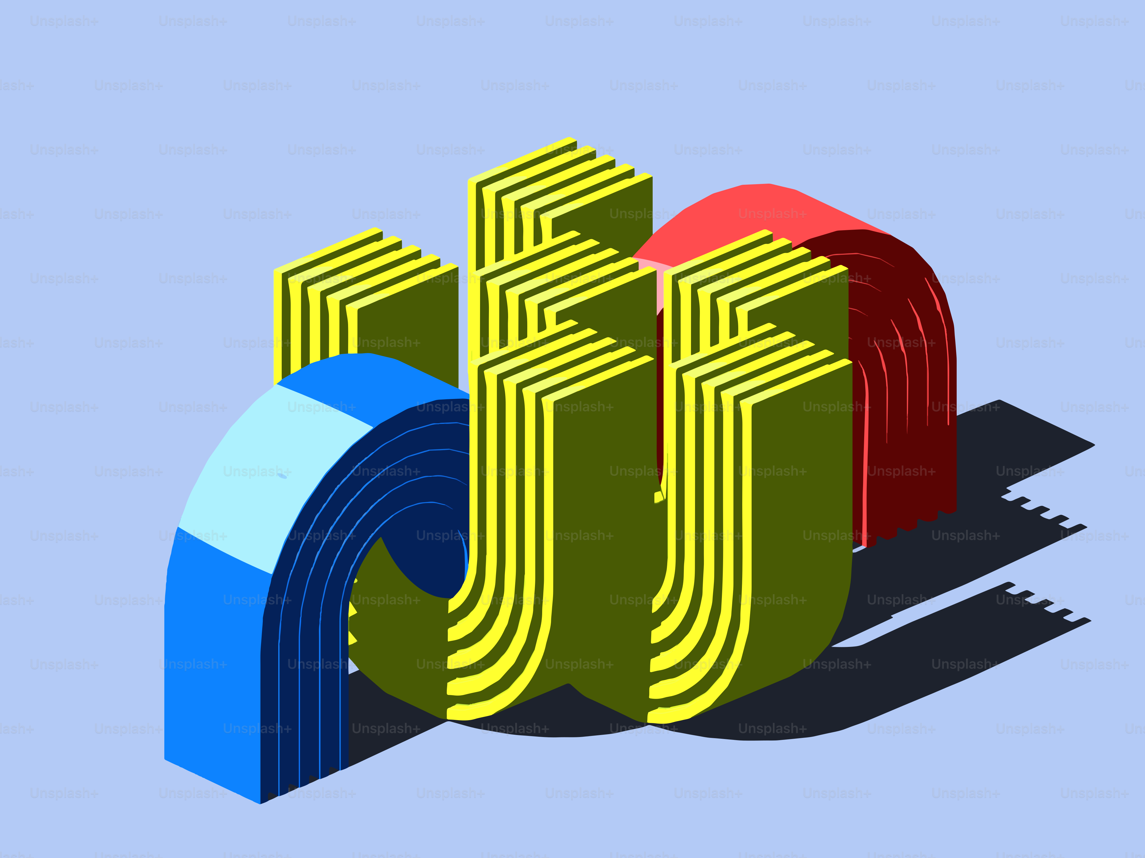 Abstract 3D shapes with blue, yellow, and red colors.