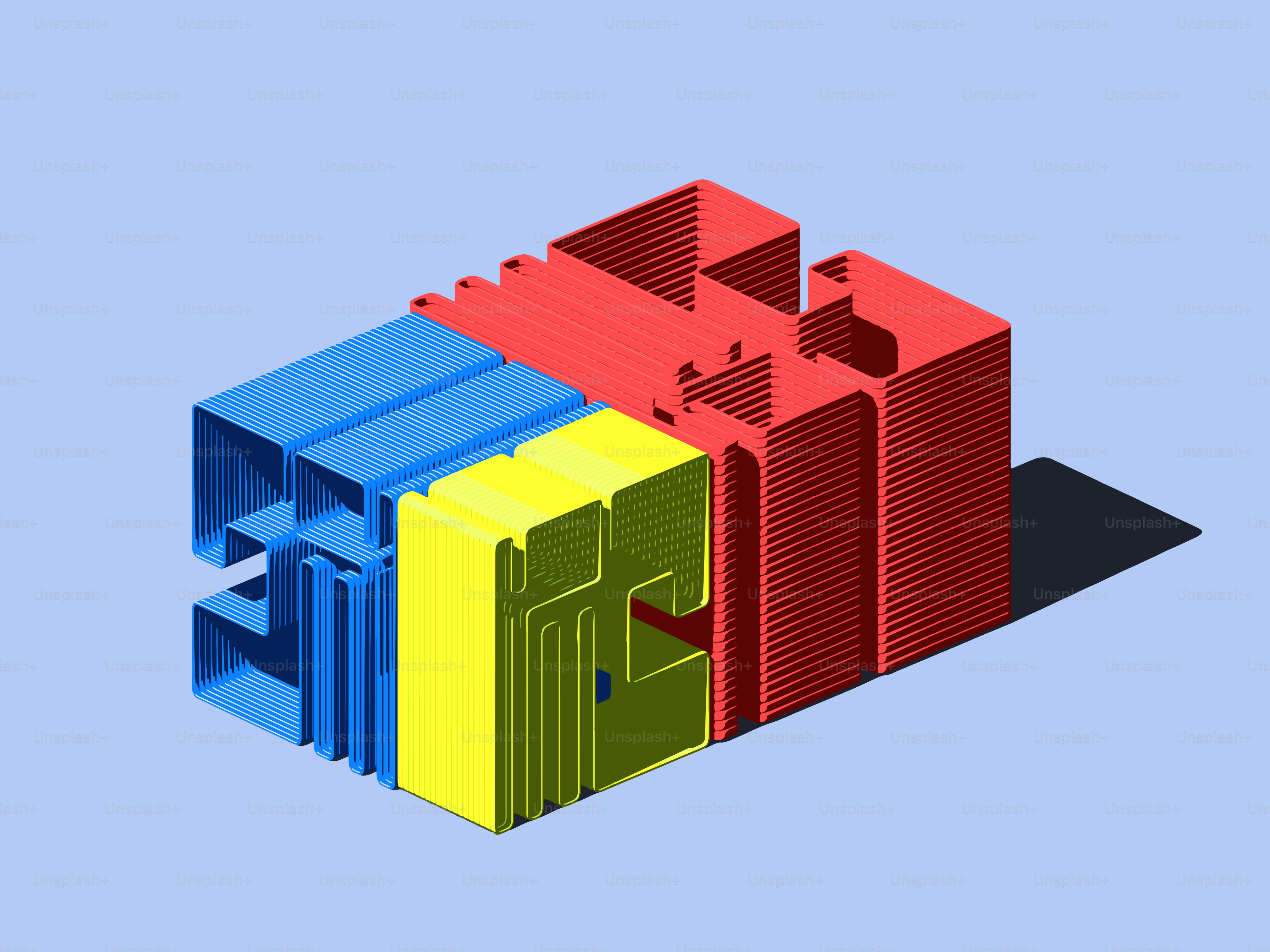 Abstract 3D shapes in blue, yellow, and red.