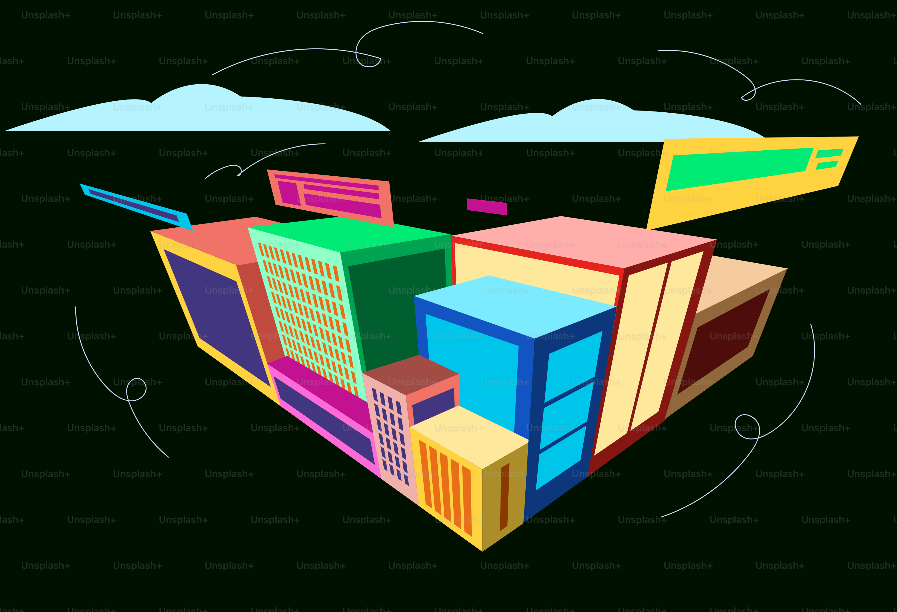 어두운 배경에 다채로운 추상 건물