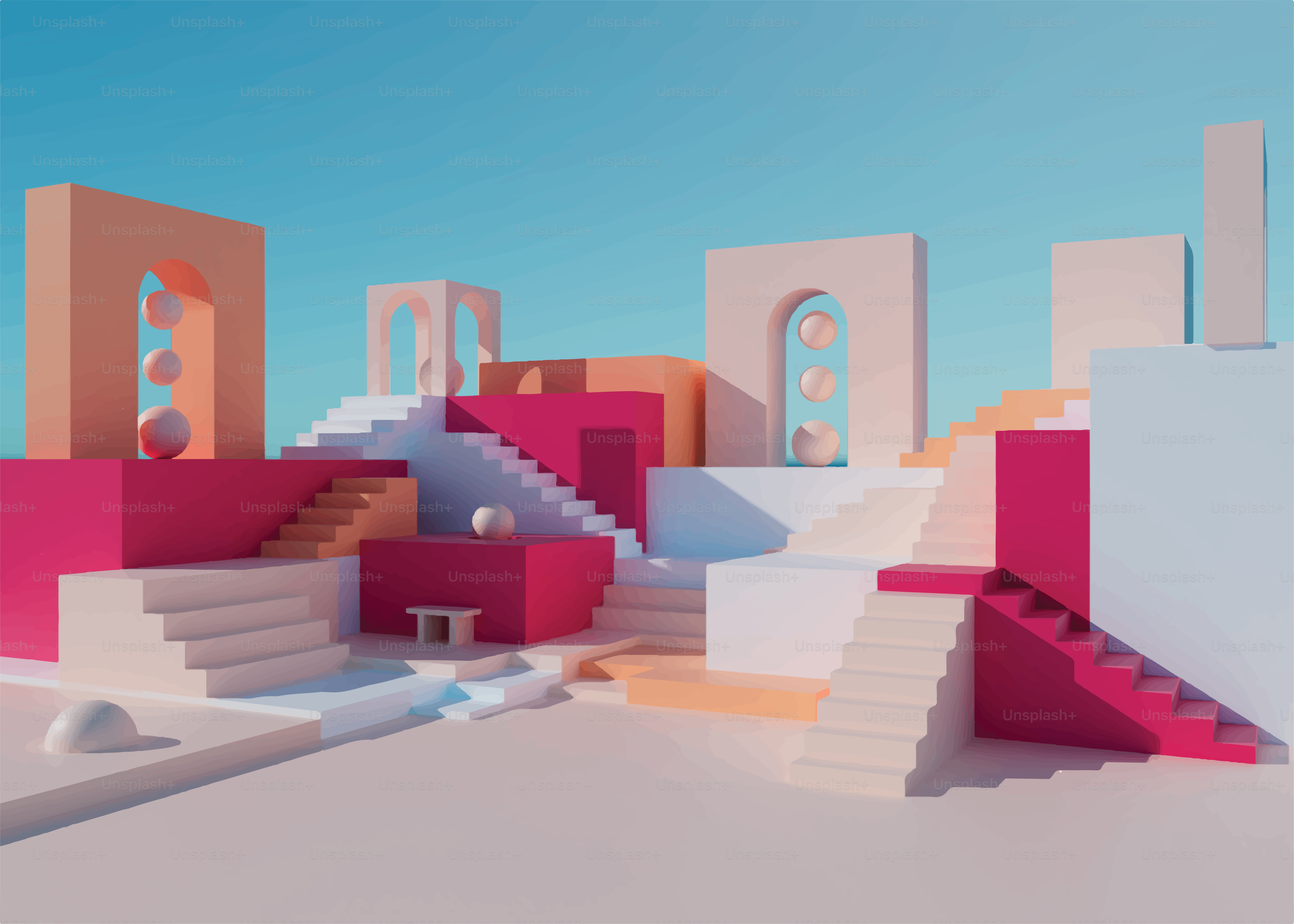 Abstract architectural structures with stairs and arches