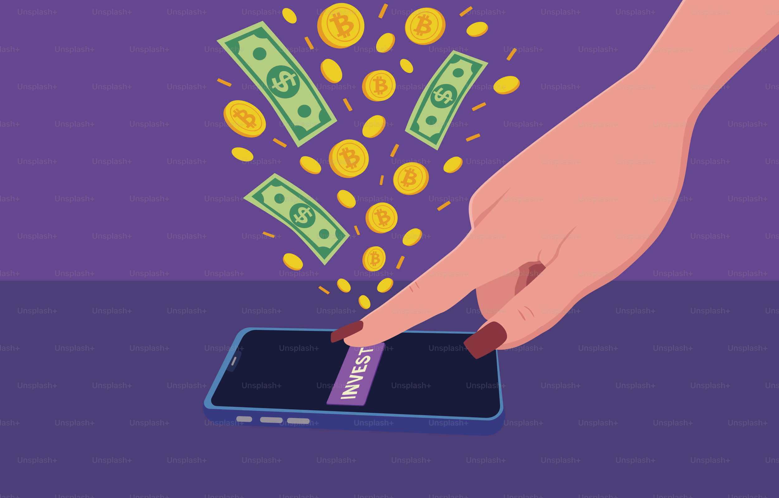 手でお金とビットコインをスマホ画面で投資する。