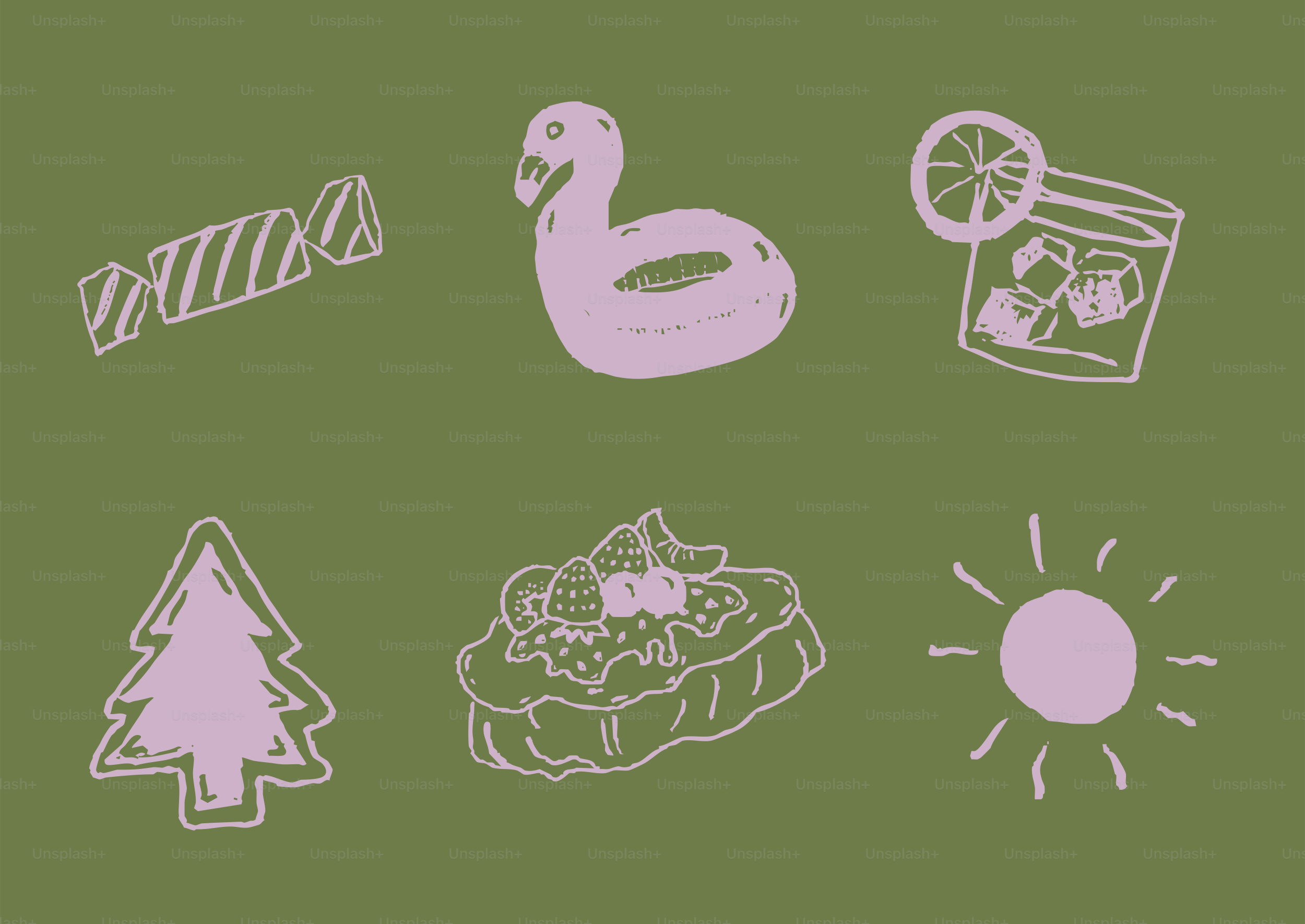 Collection of summer icons on green background