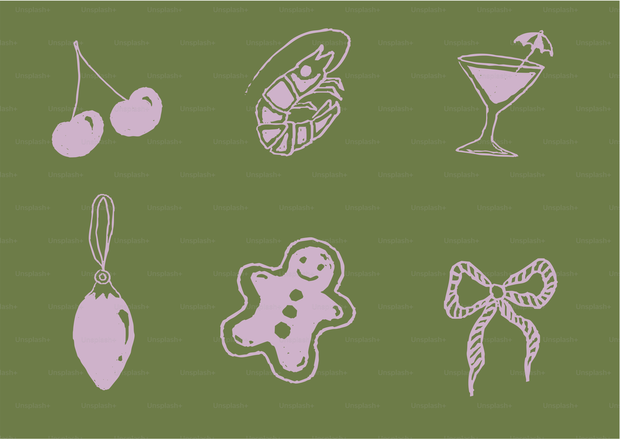 Six different festive icons on a green background