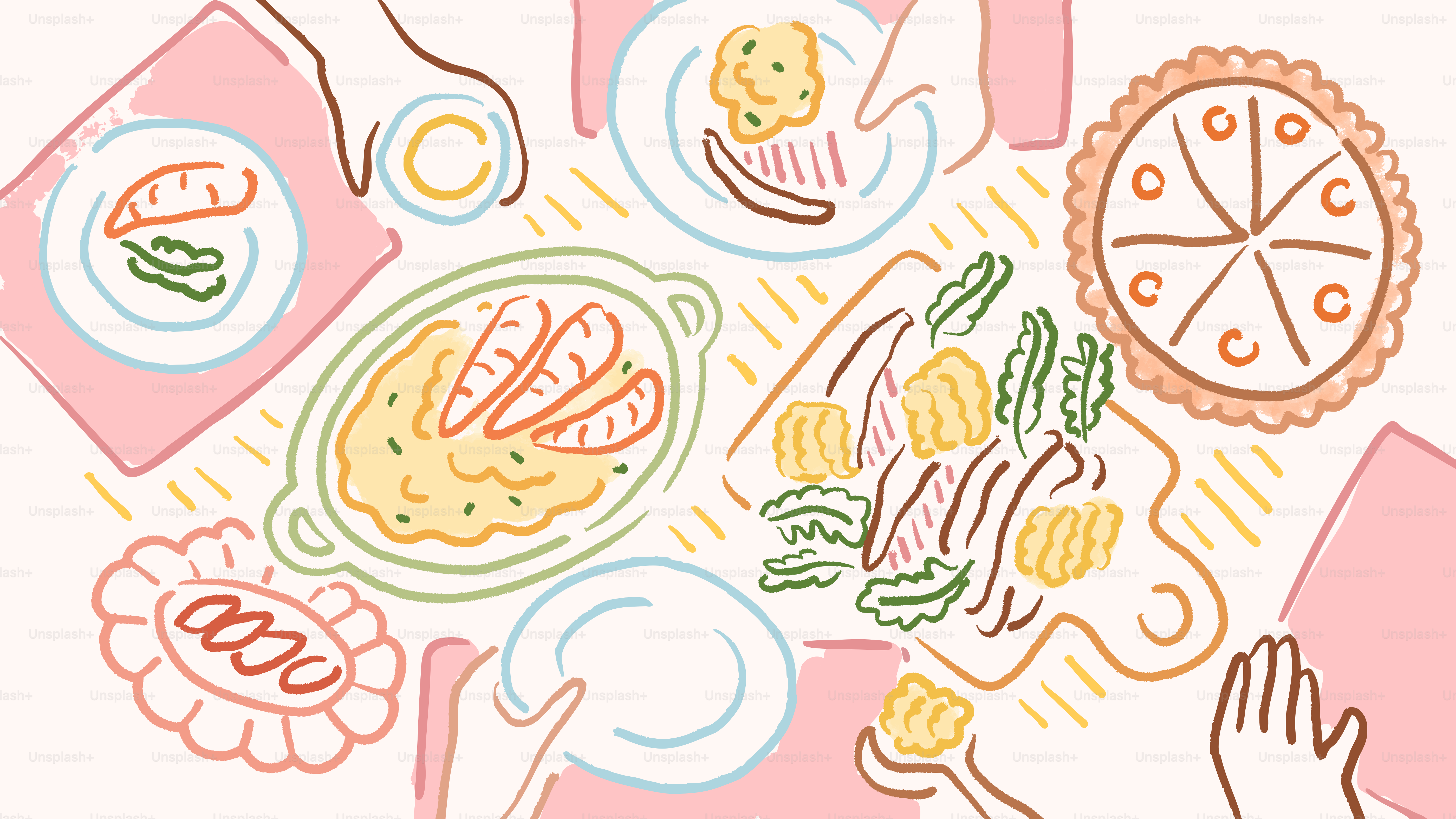 A table with various dishes and hands reaching hands.