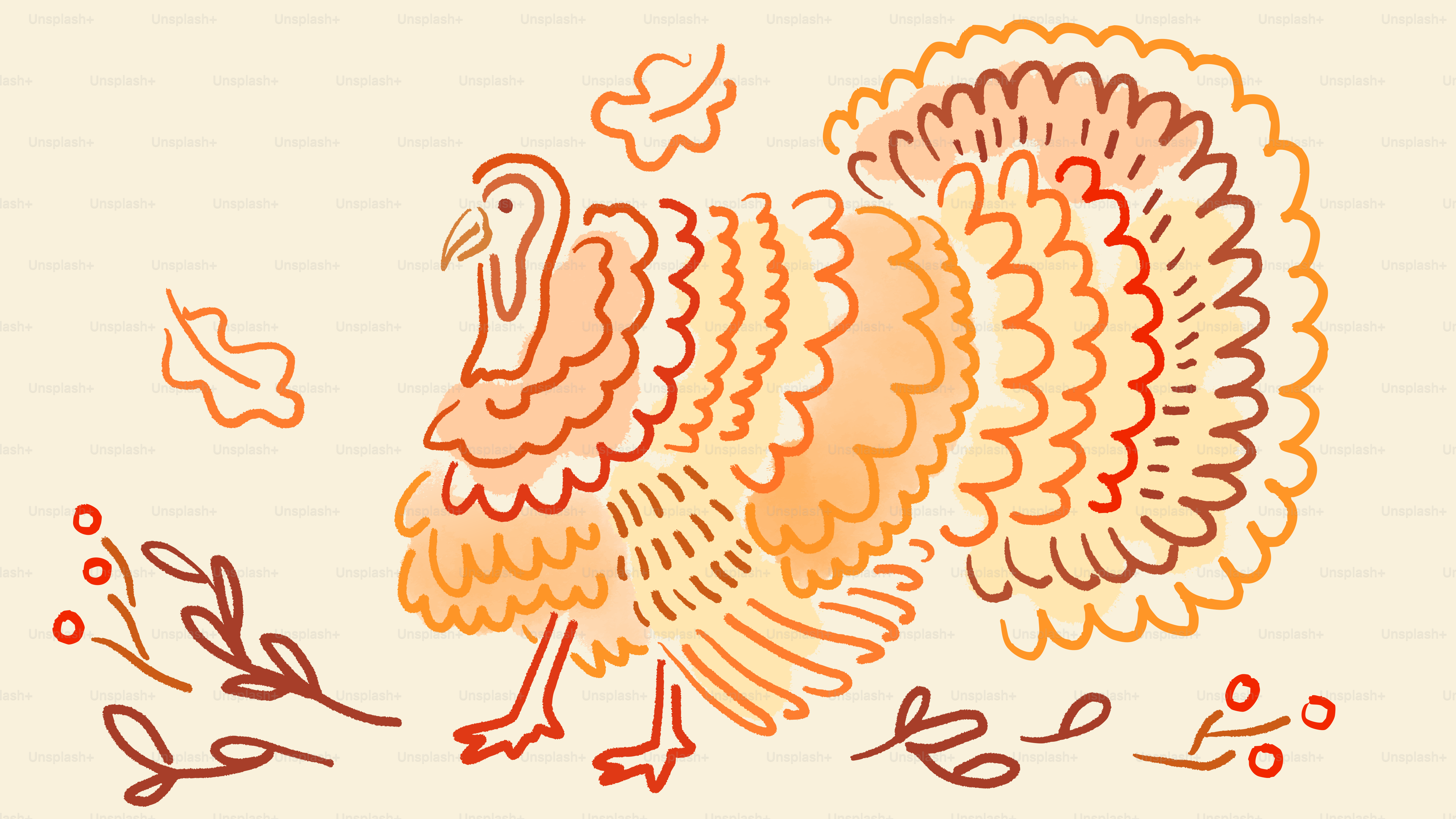 A stylized turkey with autumn leaves and berries.