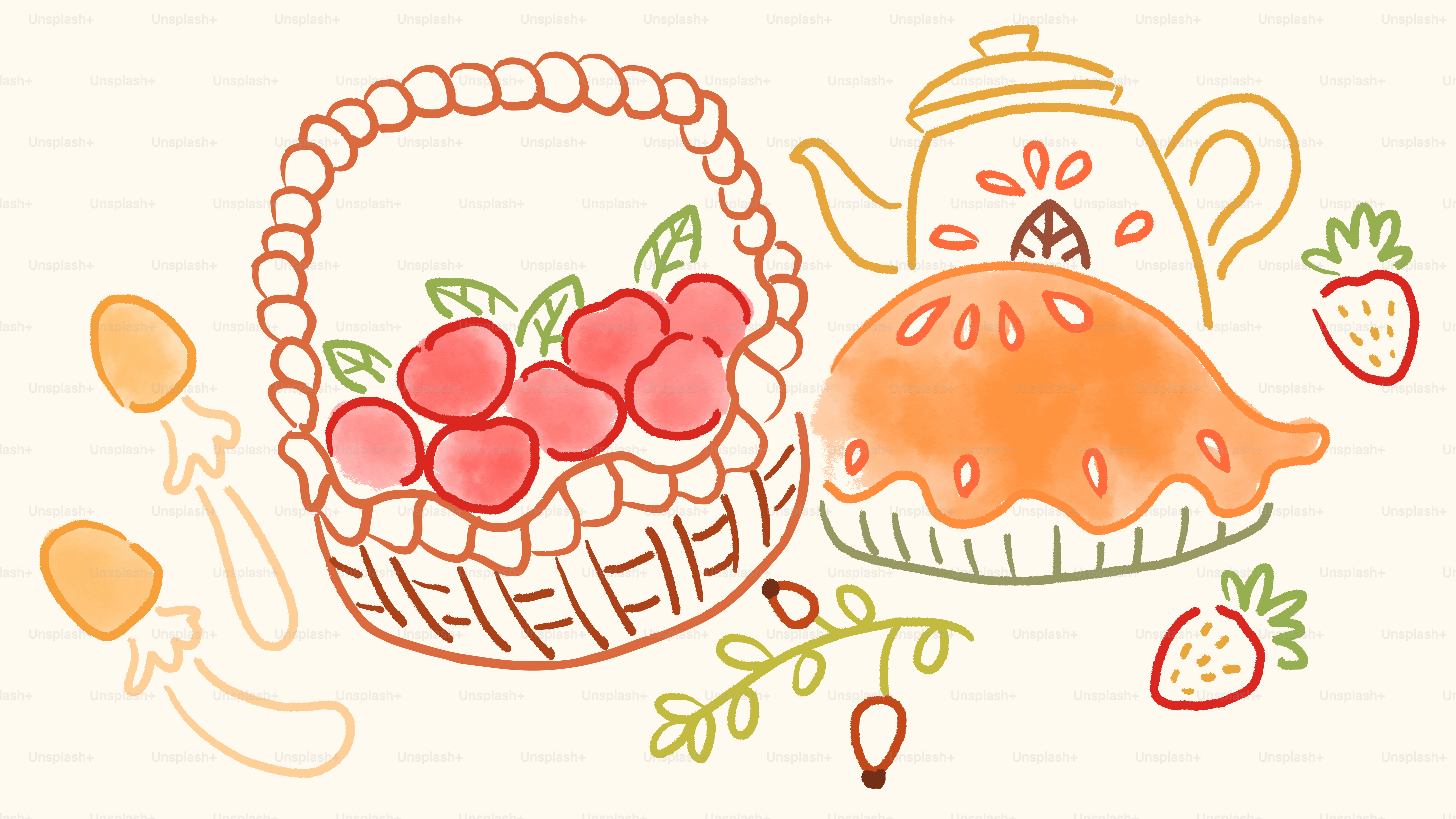 A whimsical drawing of fruit, pie, and tea set.