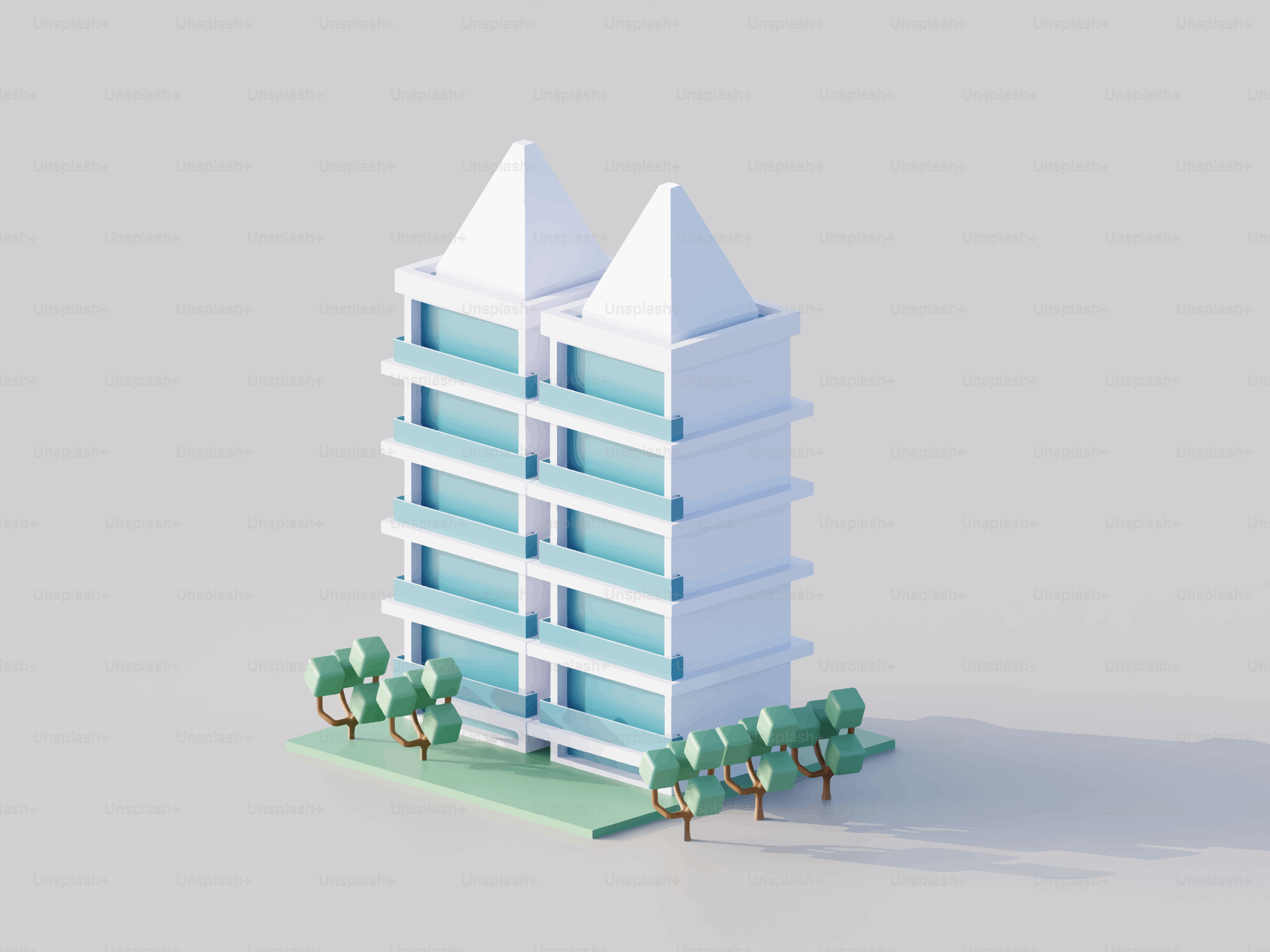 A stylized tall building with trees on gray background vector ...