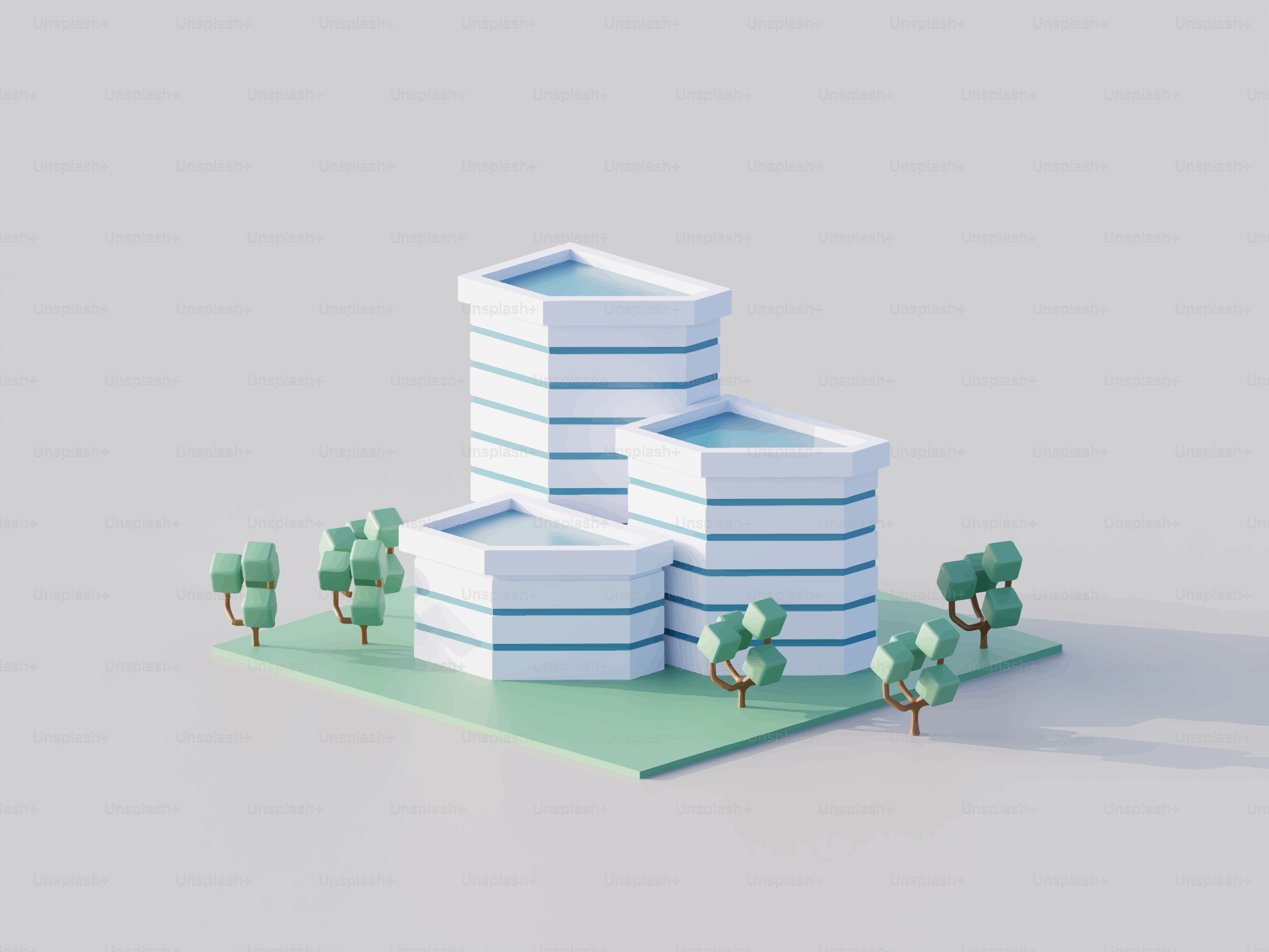 A stylized tall building with trees on gray background vector ...