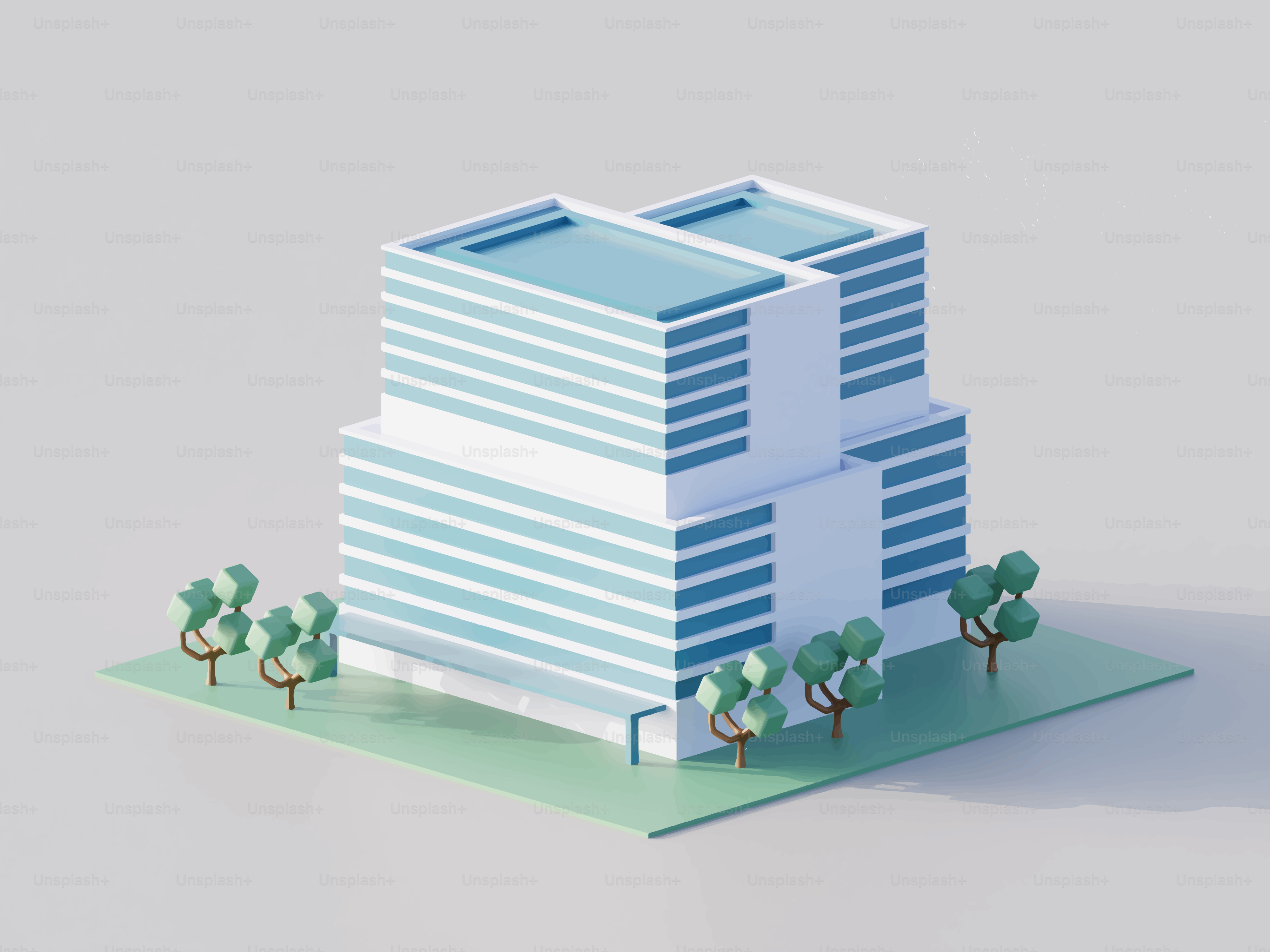 Immeuble de bureaux moderne avec des arbres sur fond clair