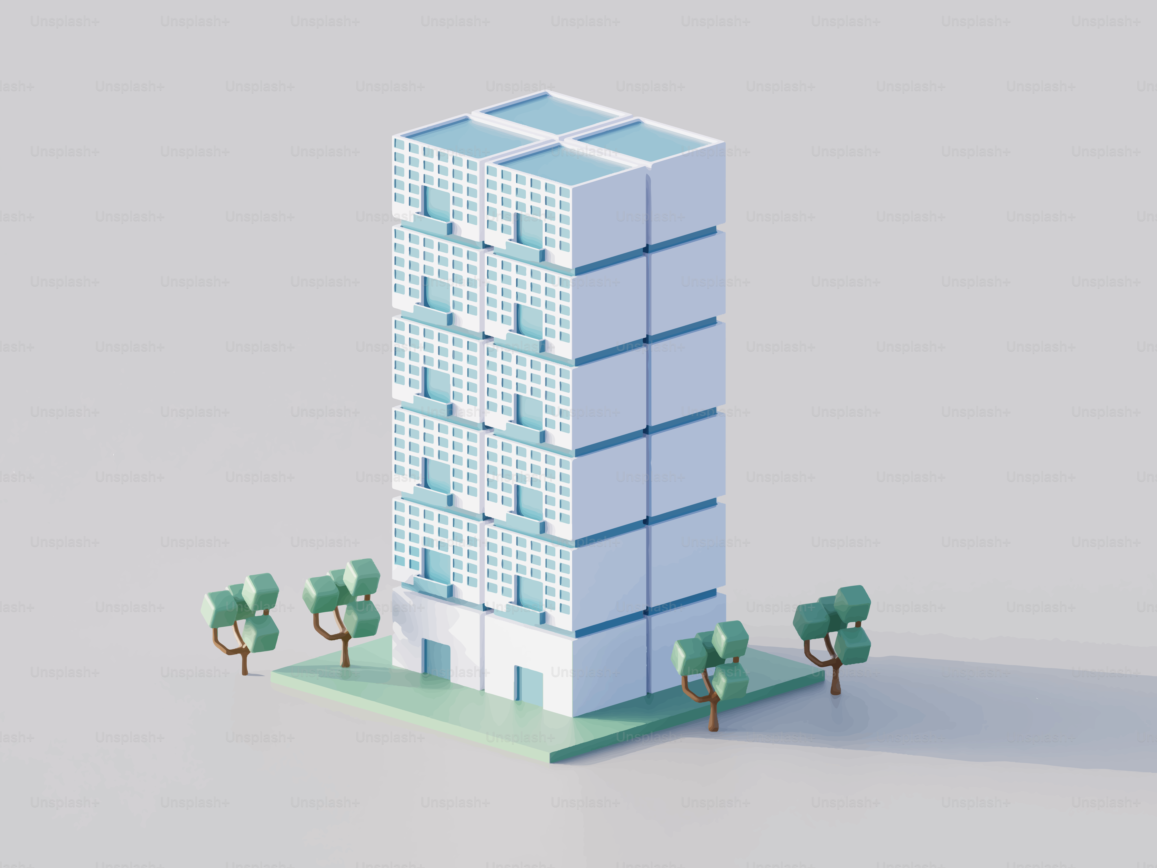 A stylized tall building with trees on gray background