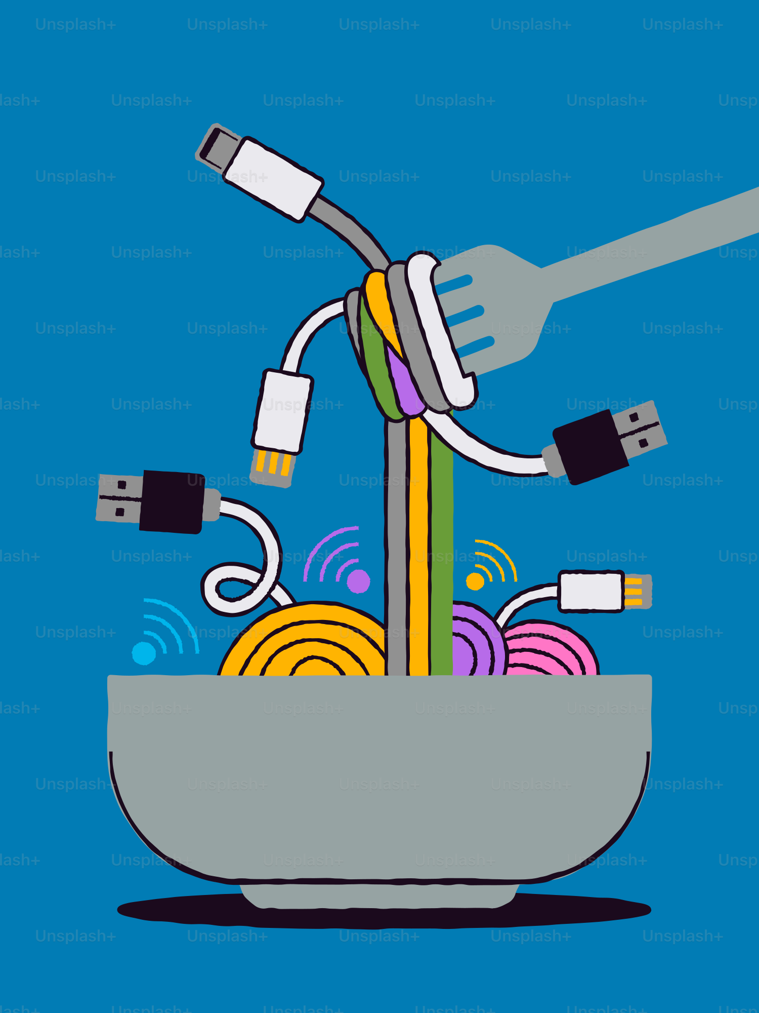 Tangled cables and wifi symbols in a bowl with fork.