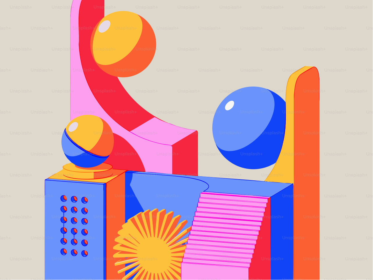 Formas geométricas abstractas y esferas en colores vibrantes