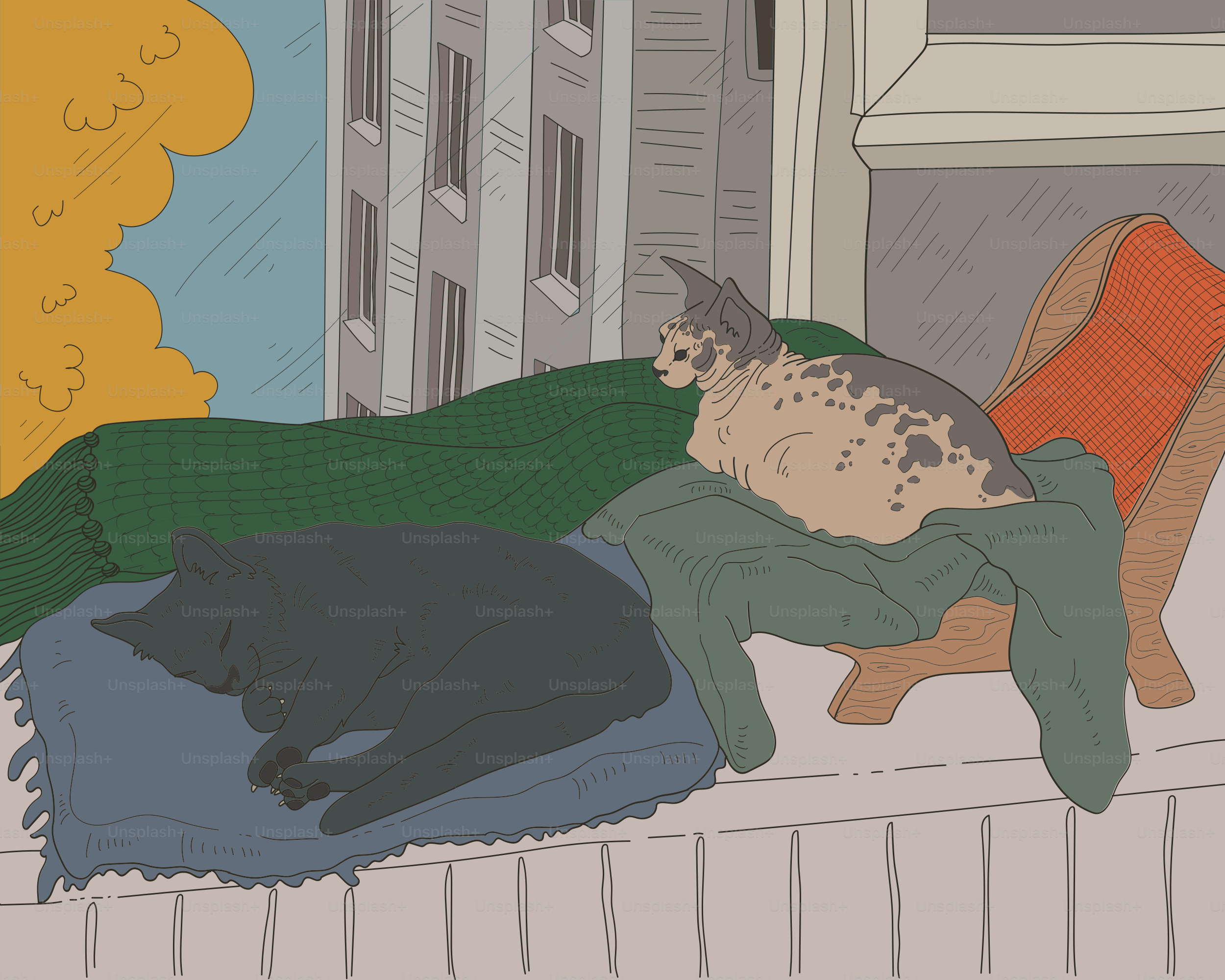 Two cats resting on a windowsill with blankets.