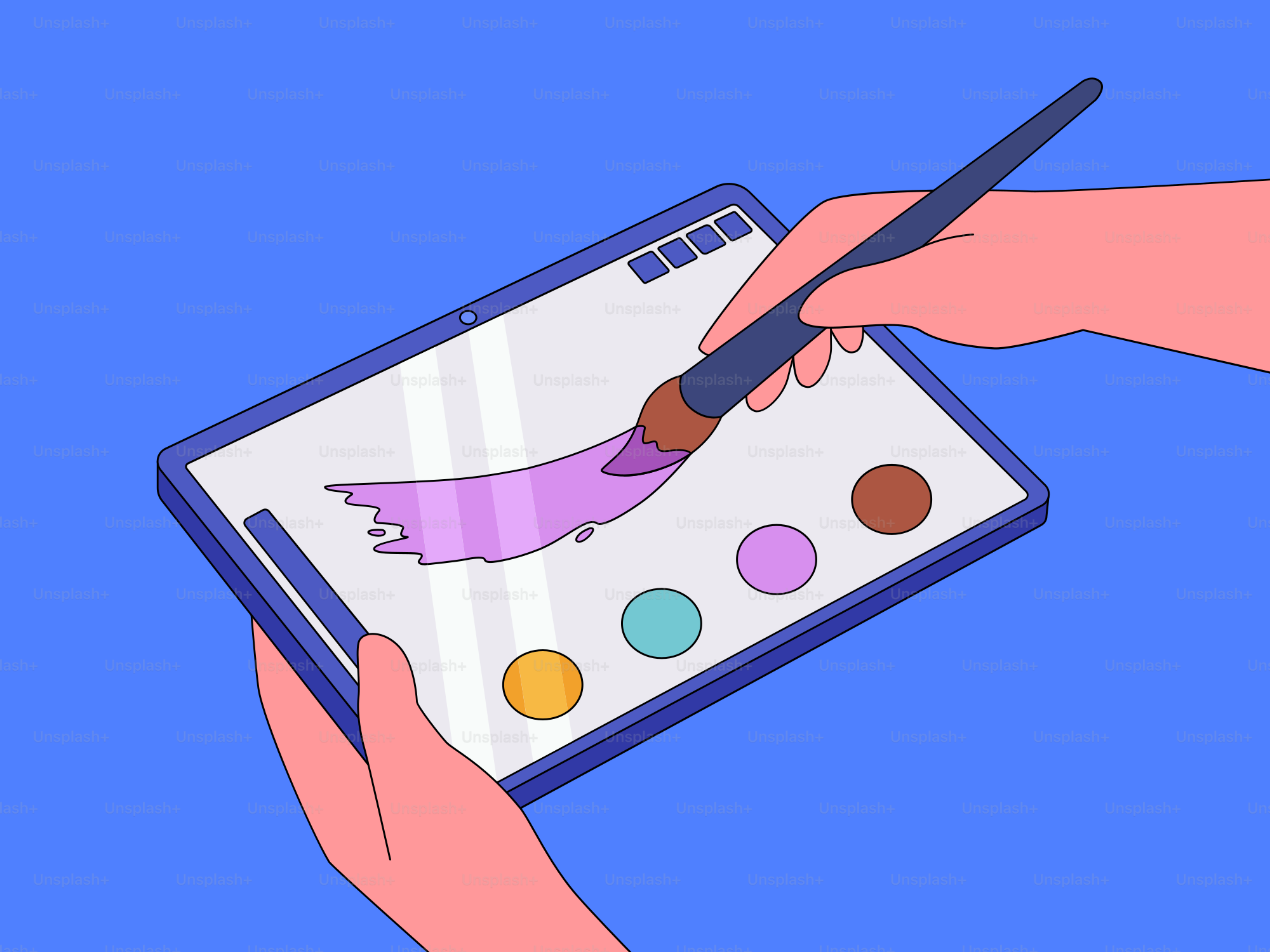 Handzeichnen auf einem Tablet mit einem Pinsel