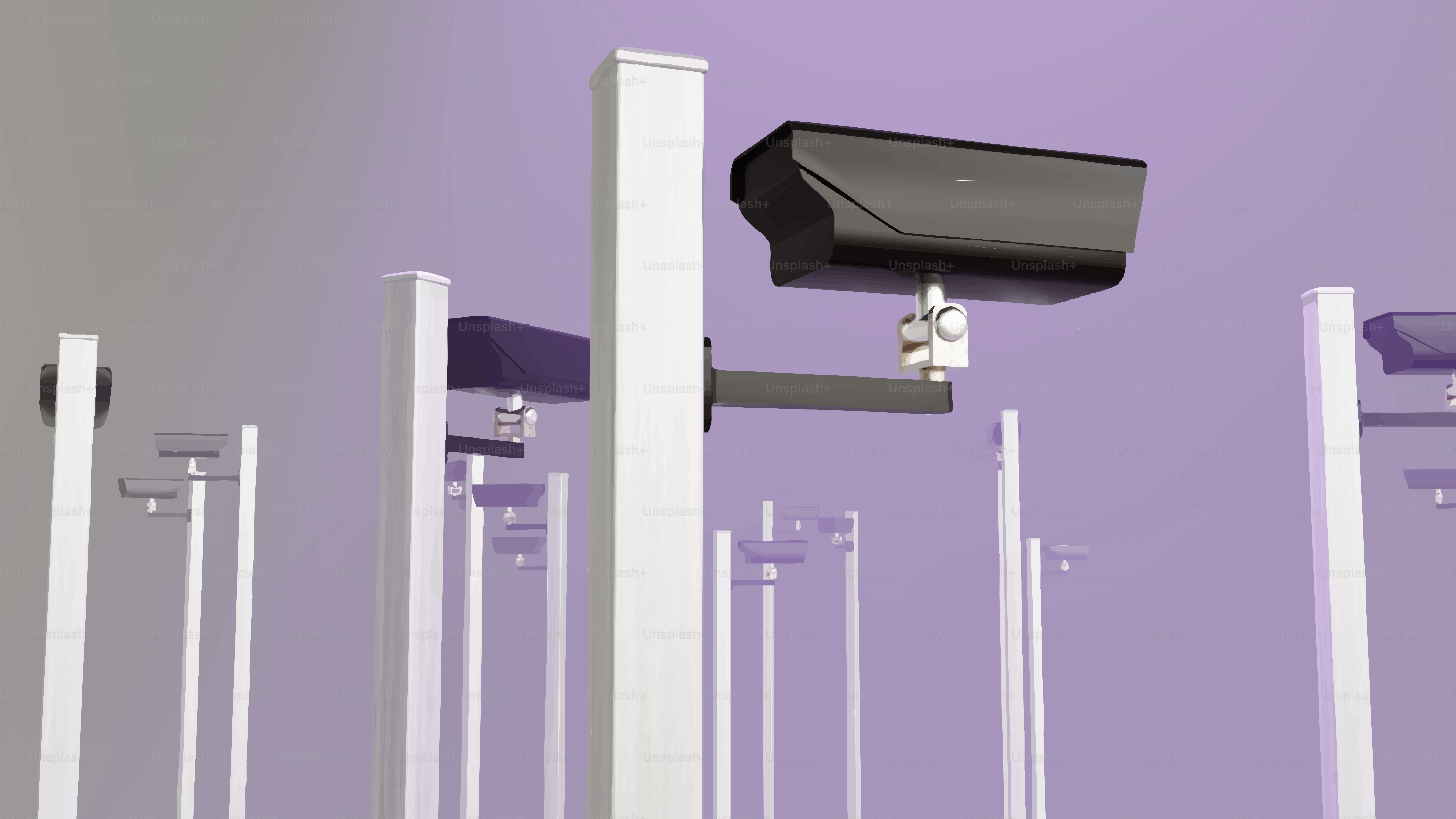 Security cameras mounted on white poles against purple background