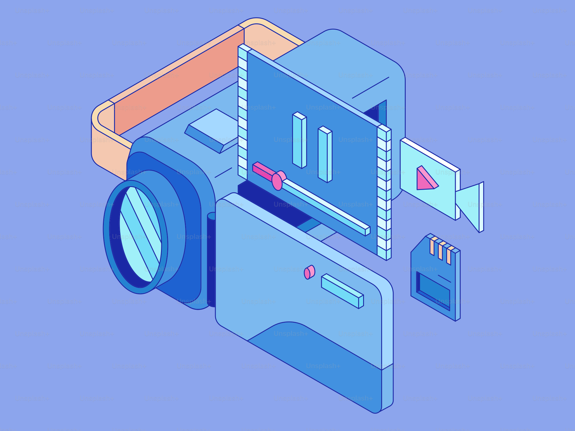 Isometric view of a blue video camera and accessories