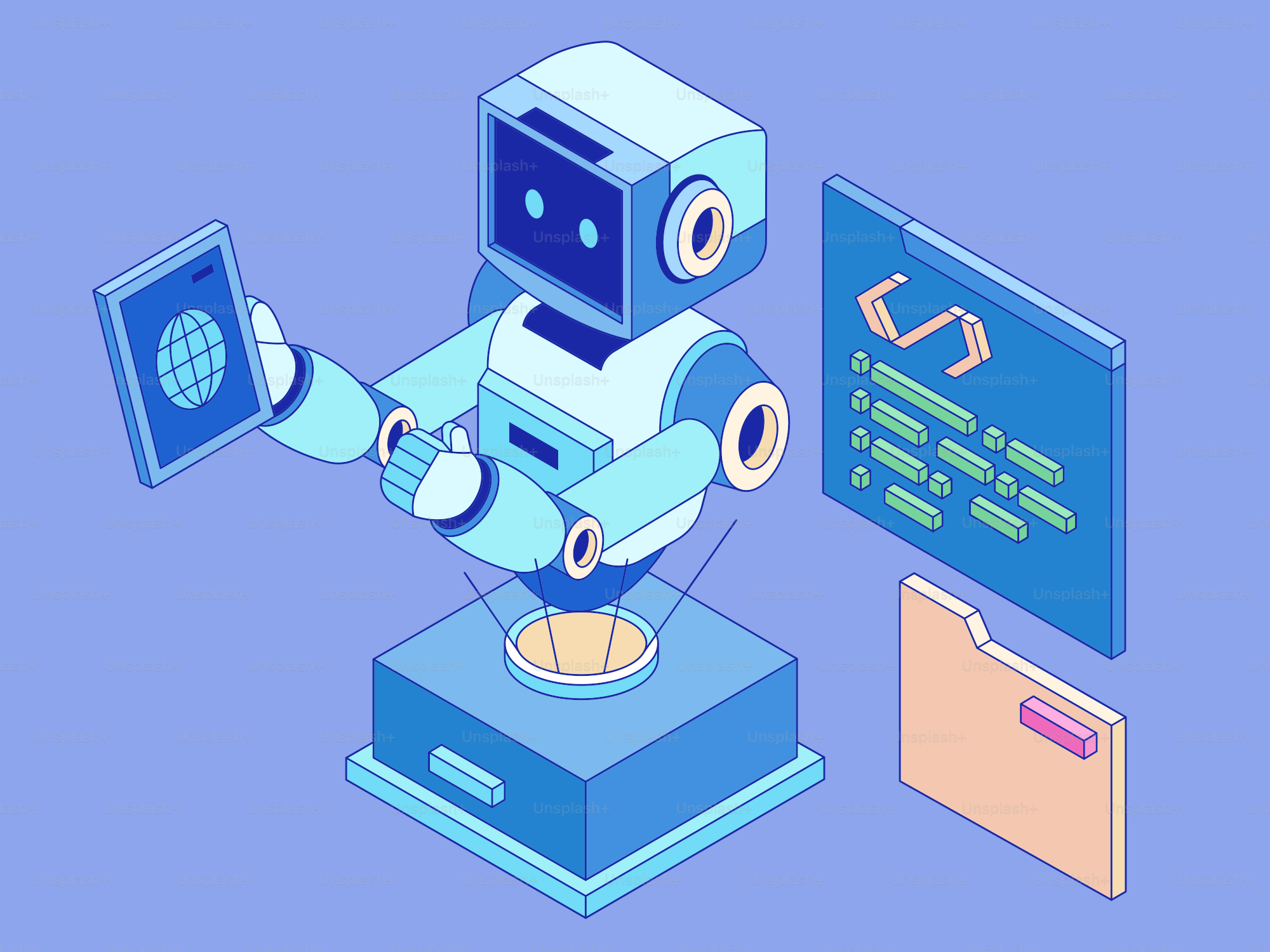 Robot holding tablet near code and folder