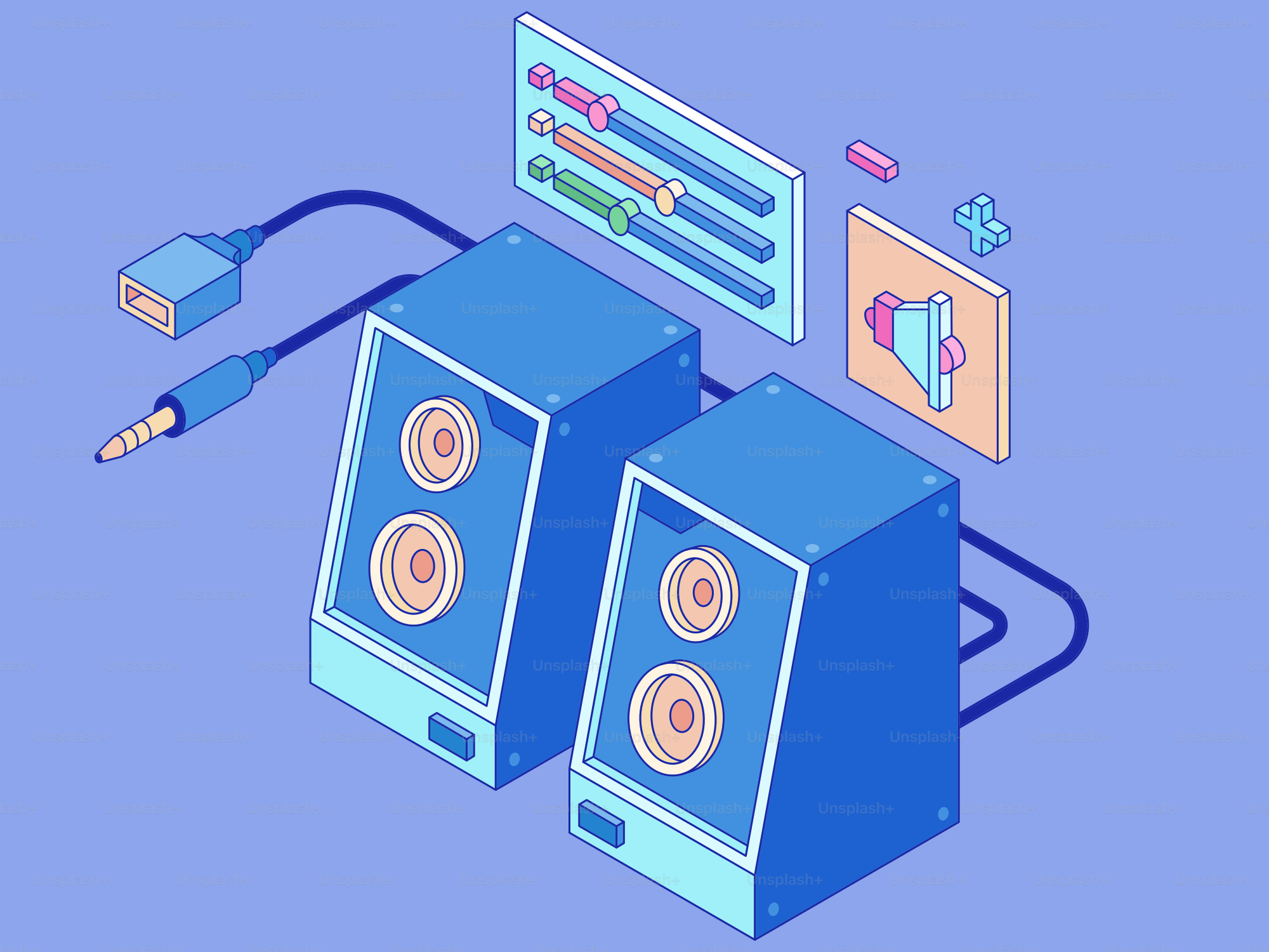 Two blue speakers with audio controls and sound icon.