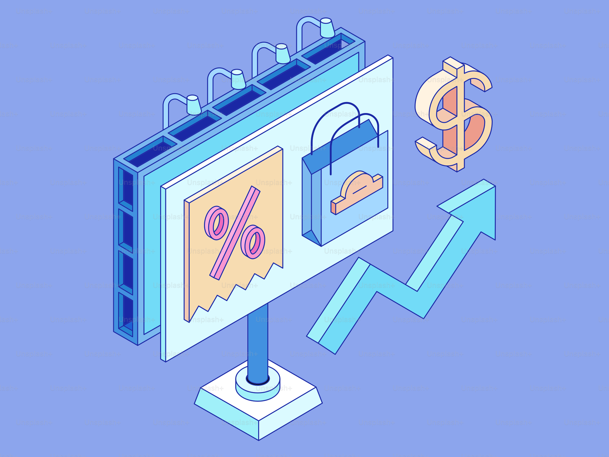 Publicidad en vallas publicitarias con bolsa de la compra y signo de dólar.