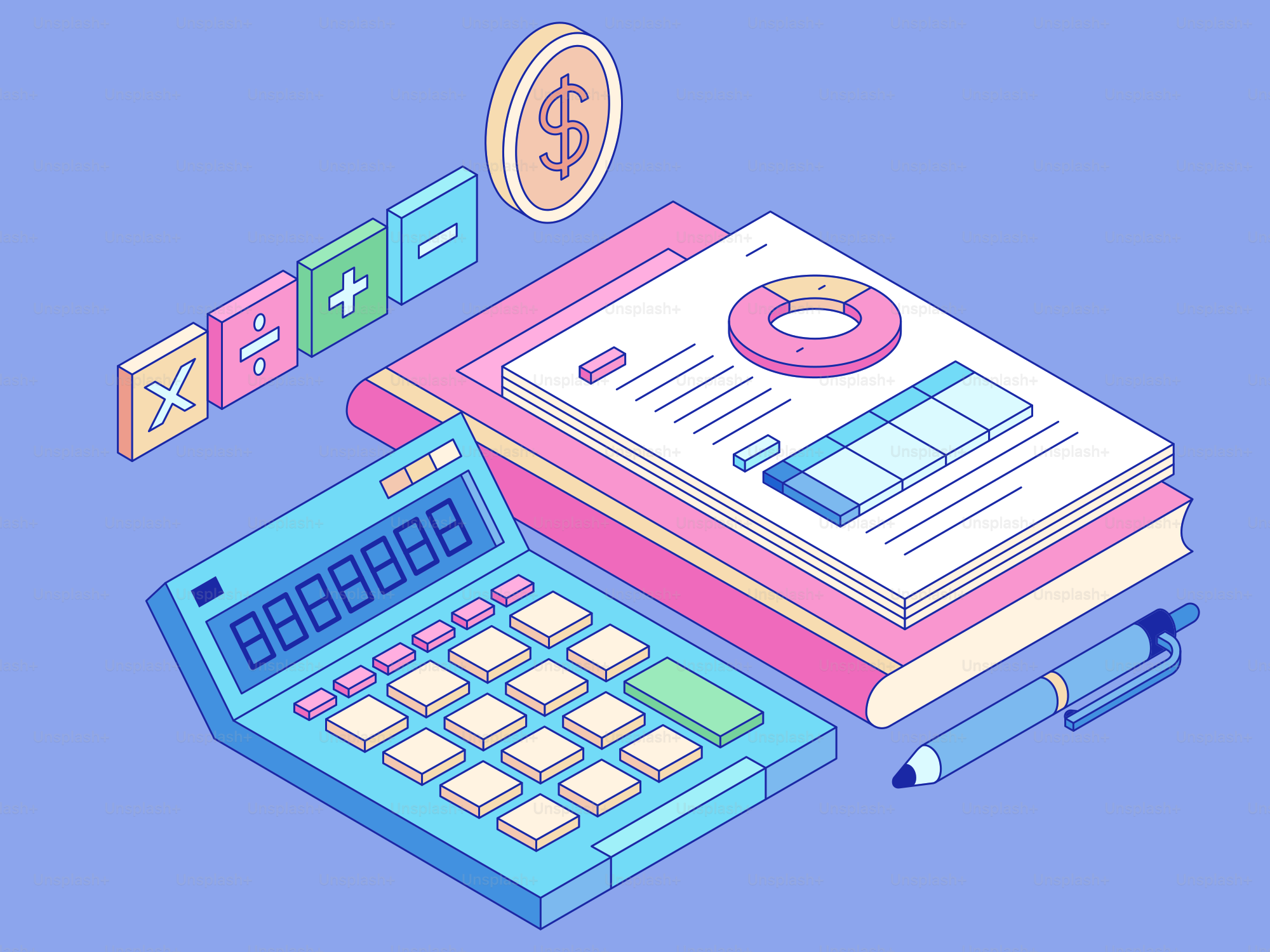 Calculadora, libros y monedas con el signo de dólar.